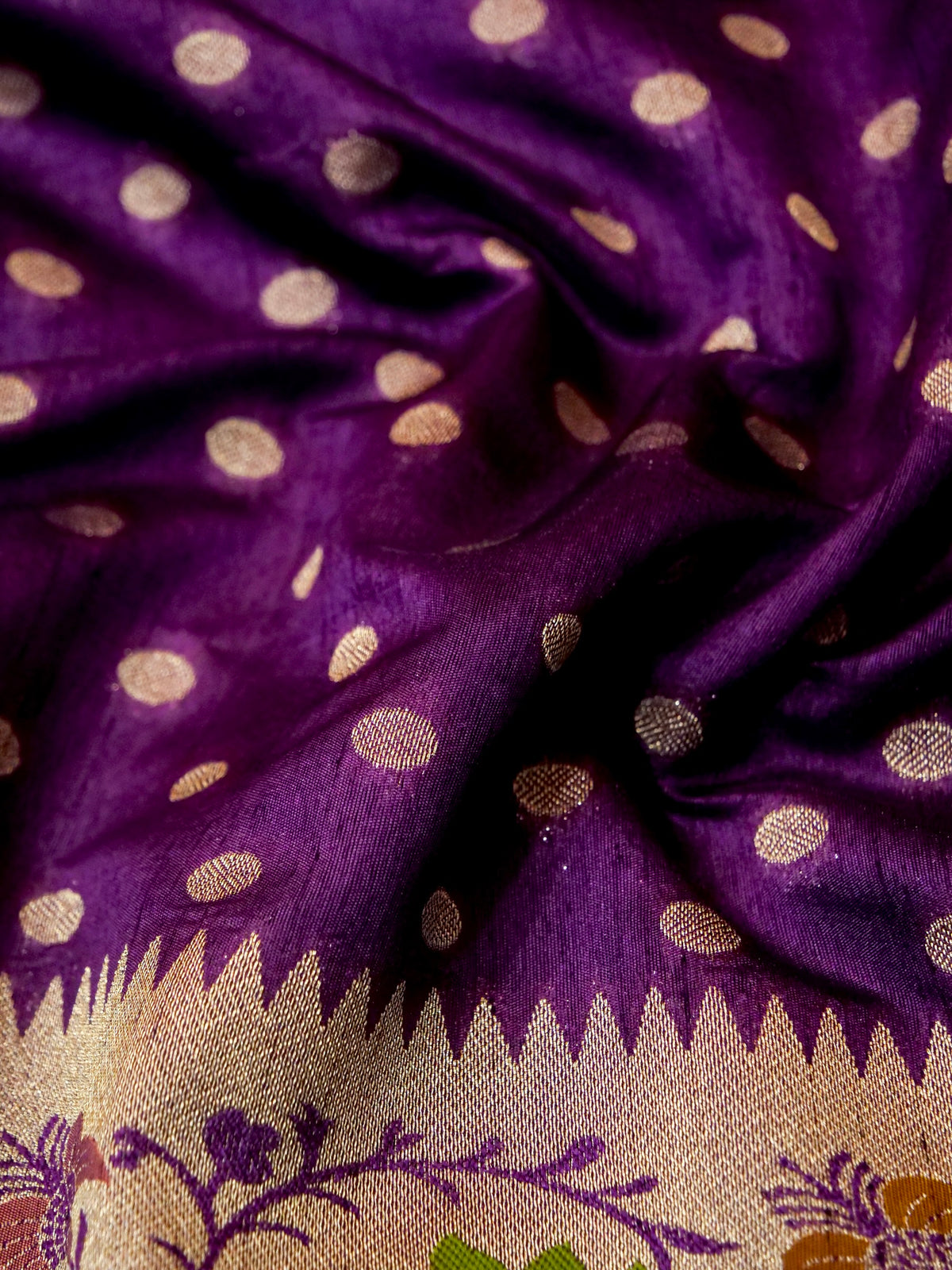 Purple Polka Raw Silk Saree with Floral Border