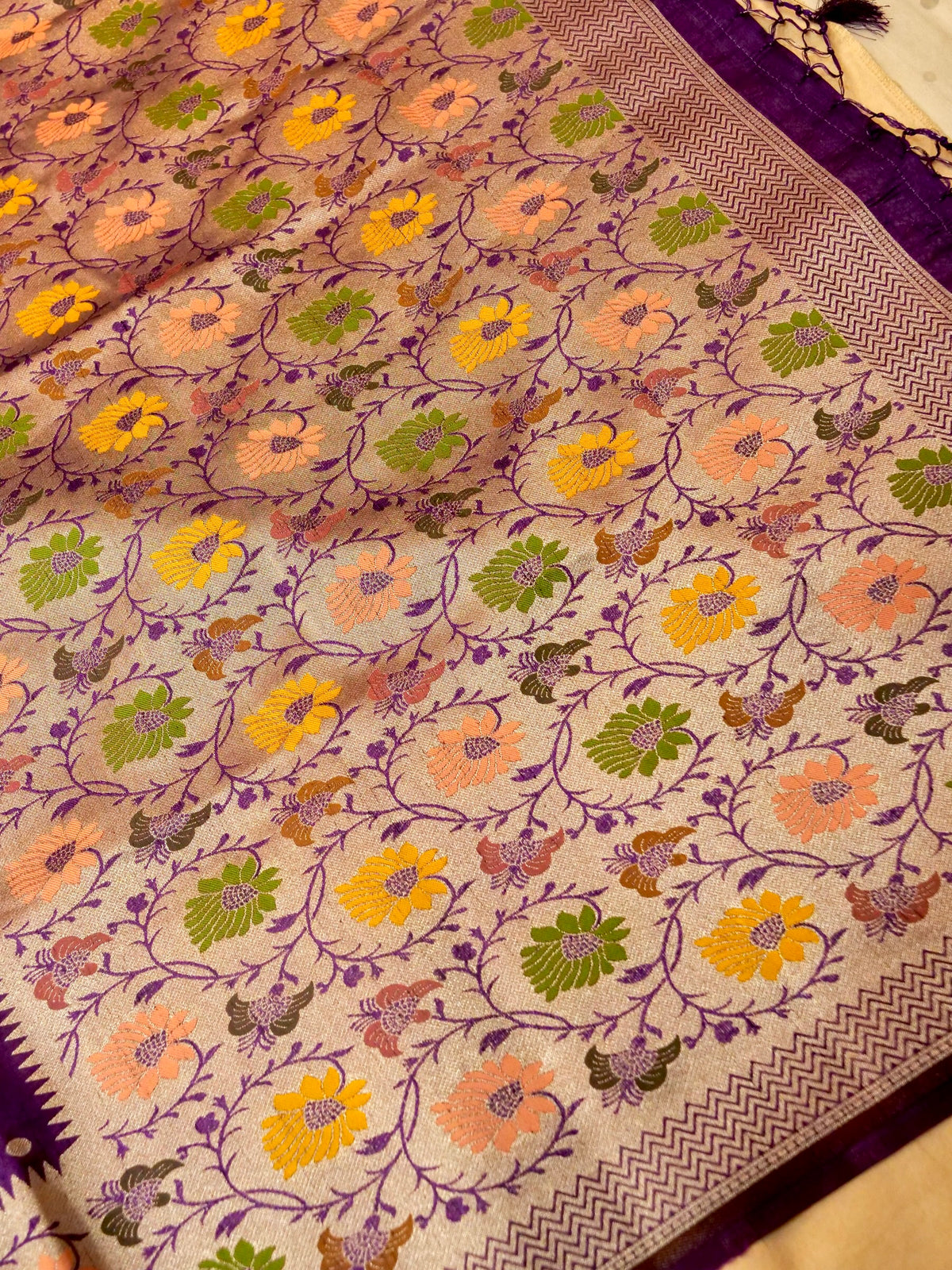 Purple Polka Raw Silk Saree with Floral Border