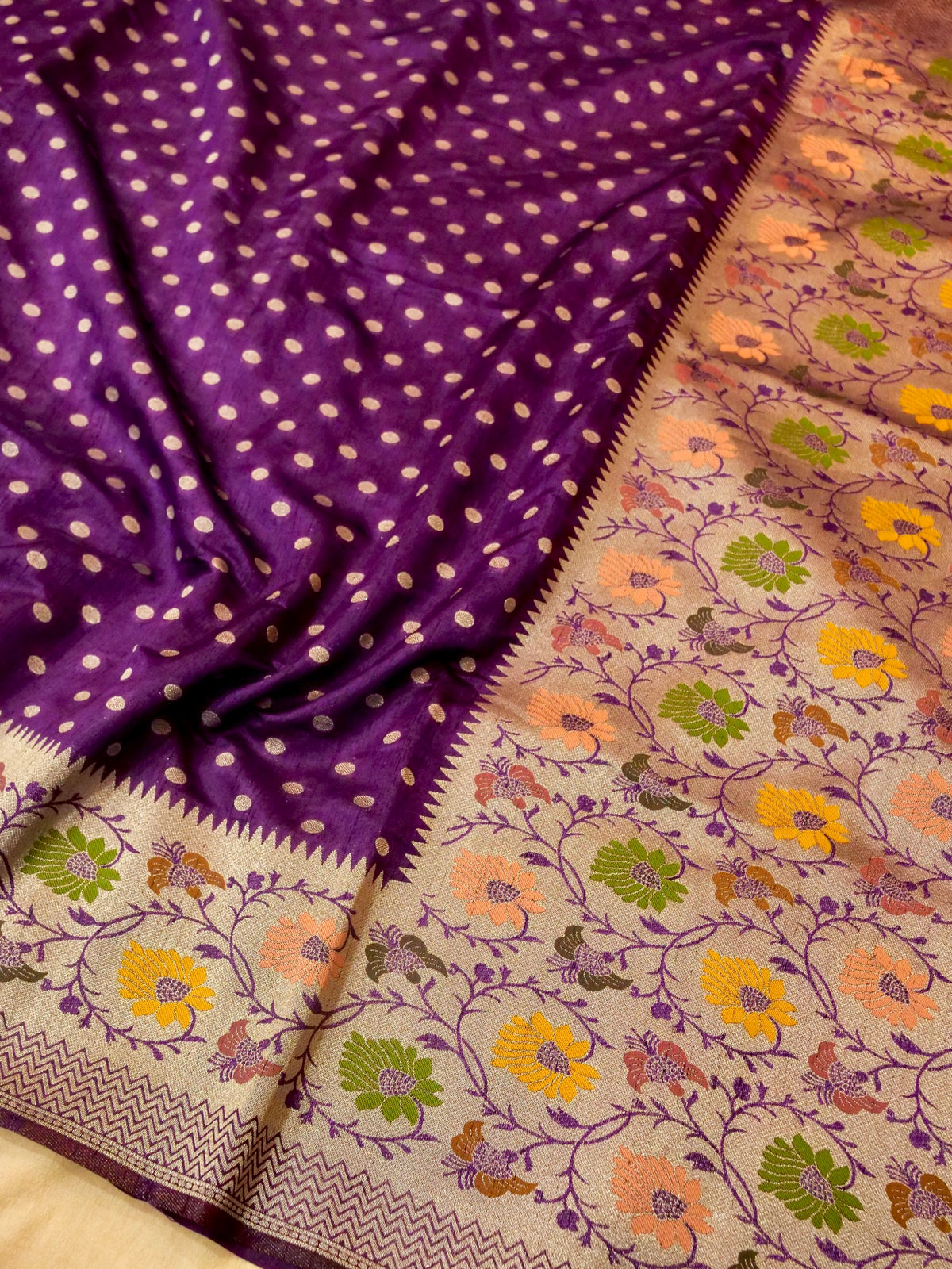 Purple Polka Raw Silk Saree with Floral Border