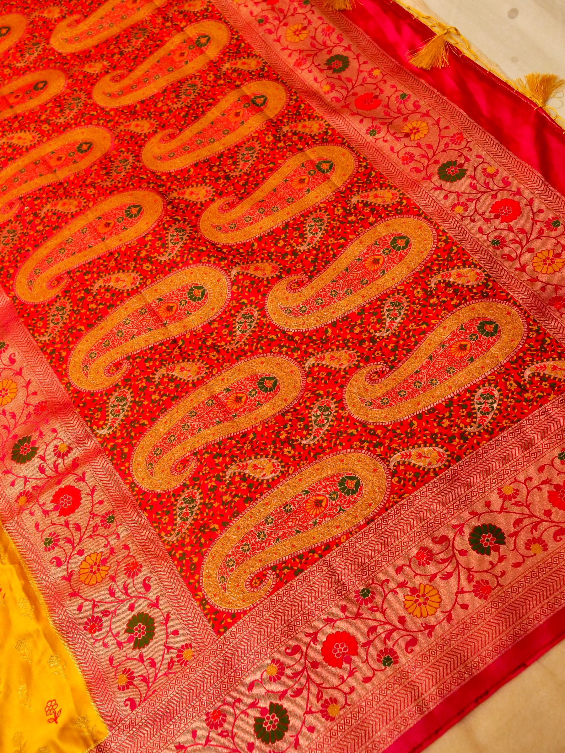 Sunshine Yellow Satin Mashru Silk Saree with Pink Floral Zari Border