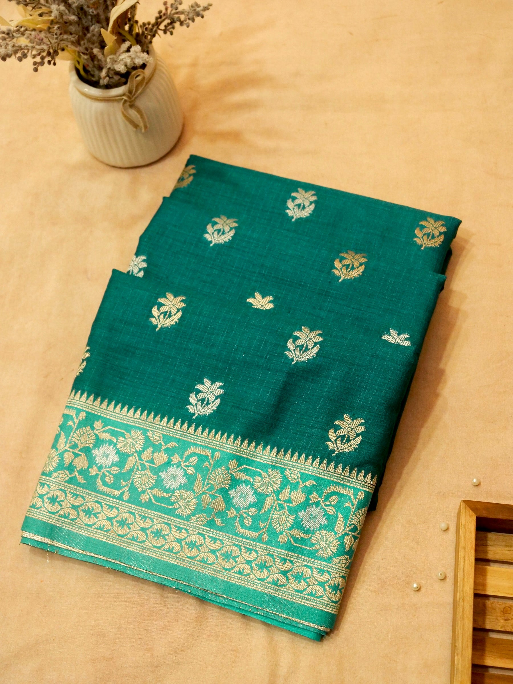 Teal Green Raw Silk Saree with Gold Floral Border
