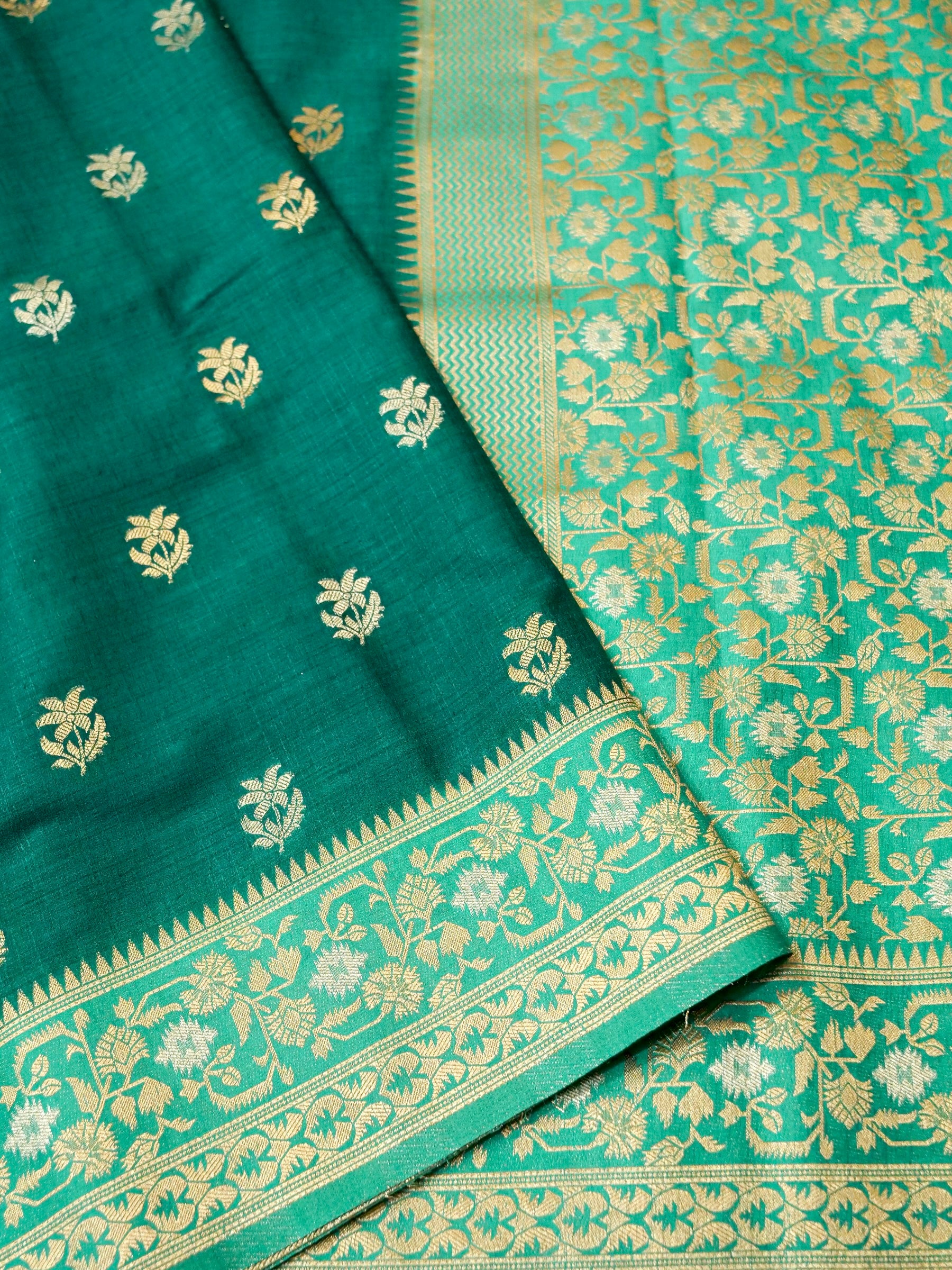 Teal Green Raw Silk Saree with Gold Floral Border