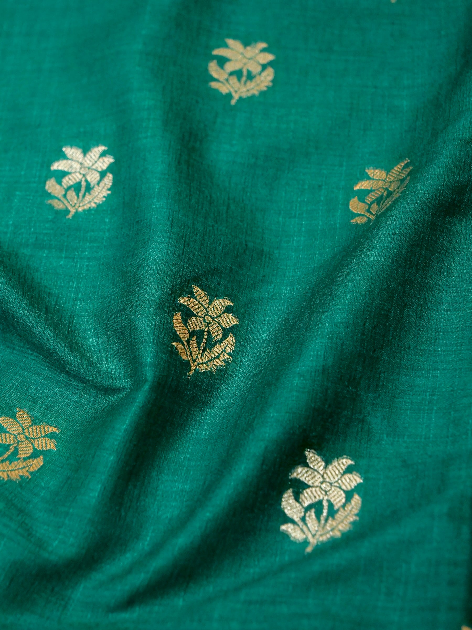 Teal Green Raw Silk Saree with Gold Floral Border