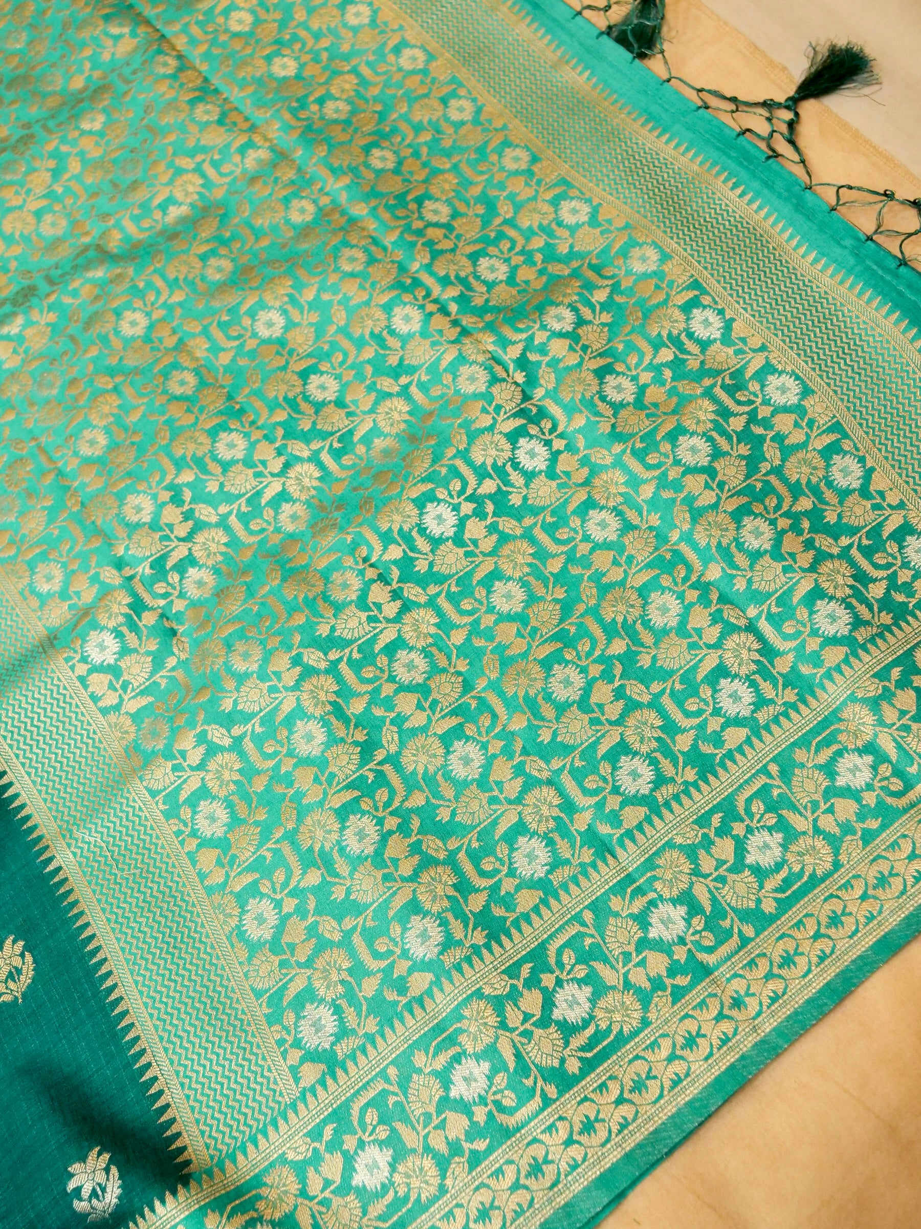 Teal Green Raw Silk Saree with Gold Floral Border