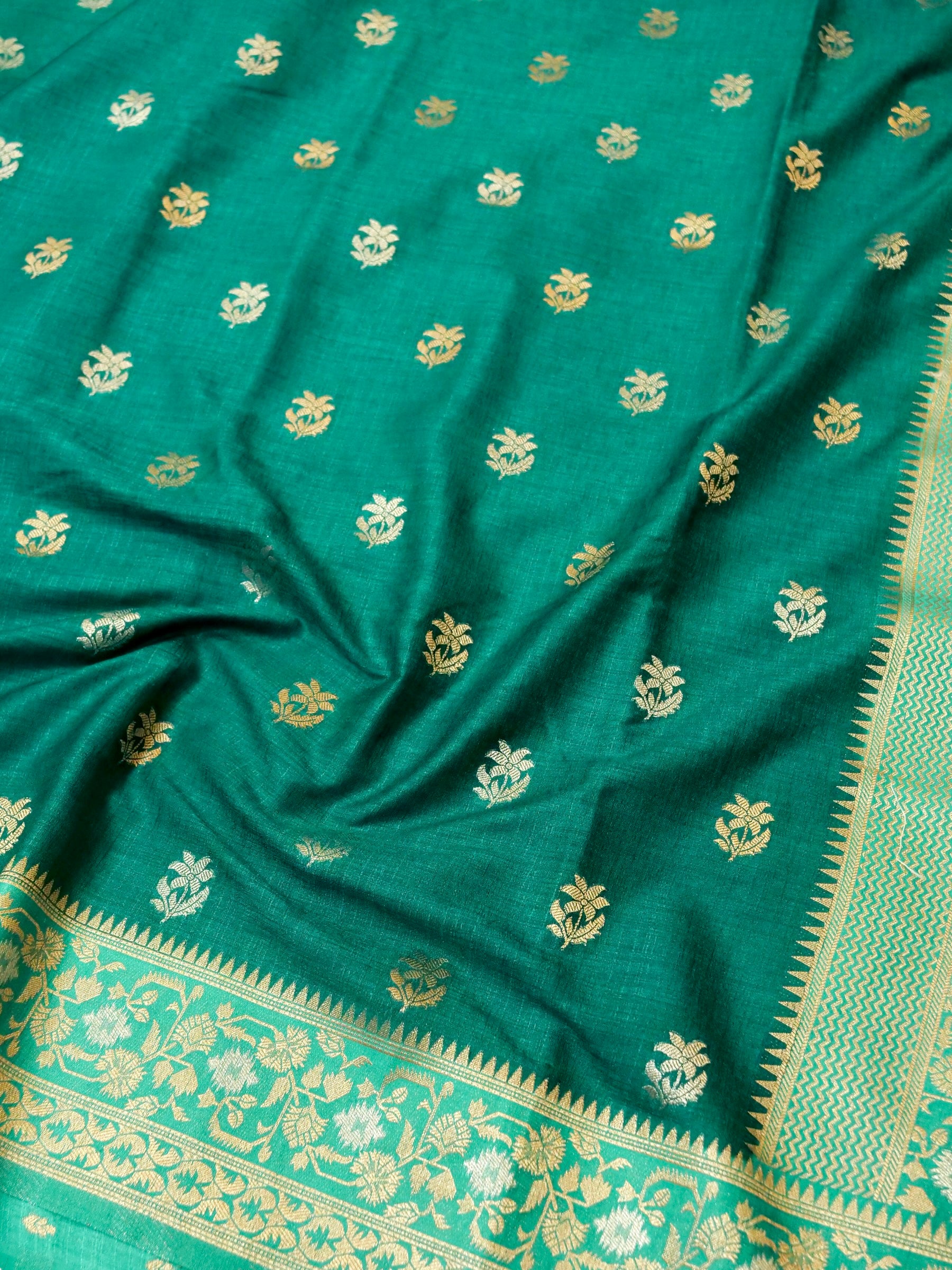 Teal Green Raw Silk Saree with Gold Floral Border