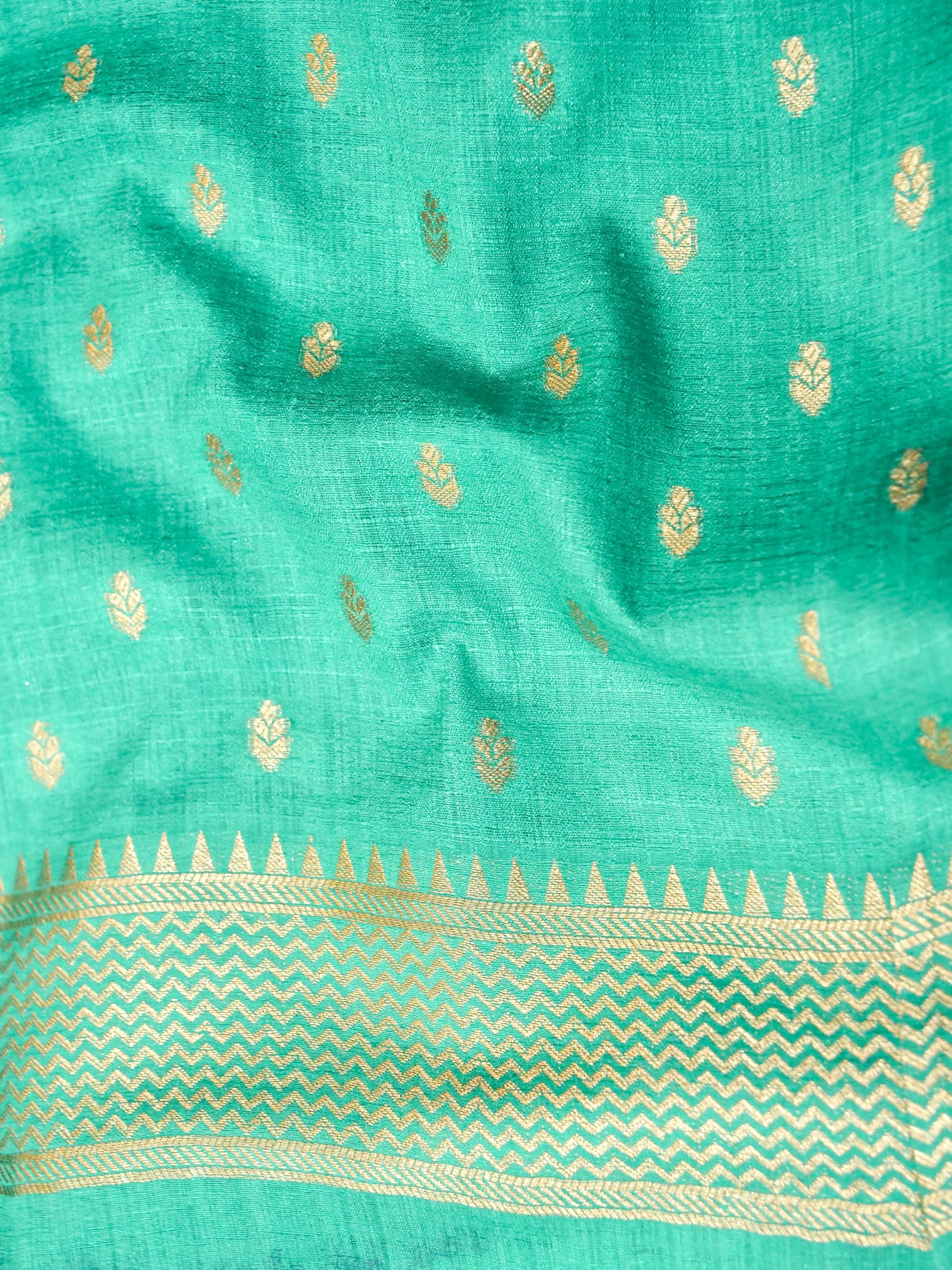 Teal Green Raw Silk Saree with Gold Floral Border