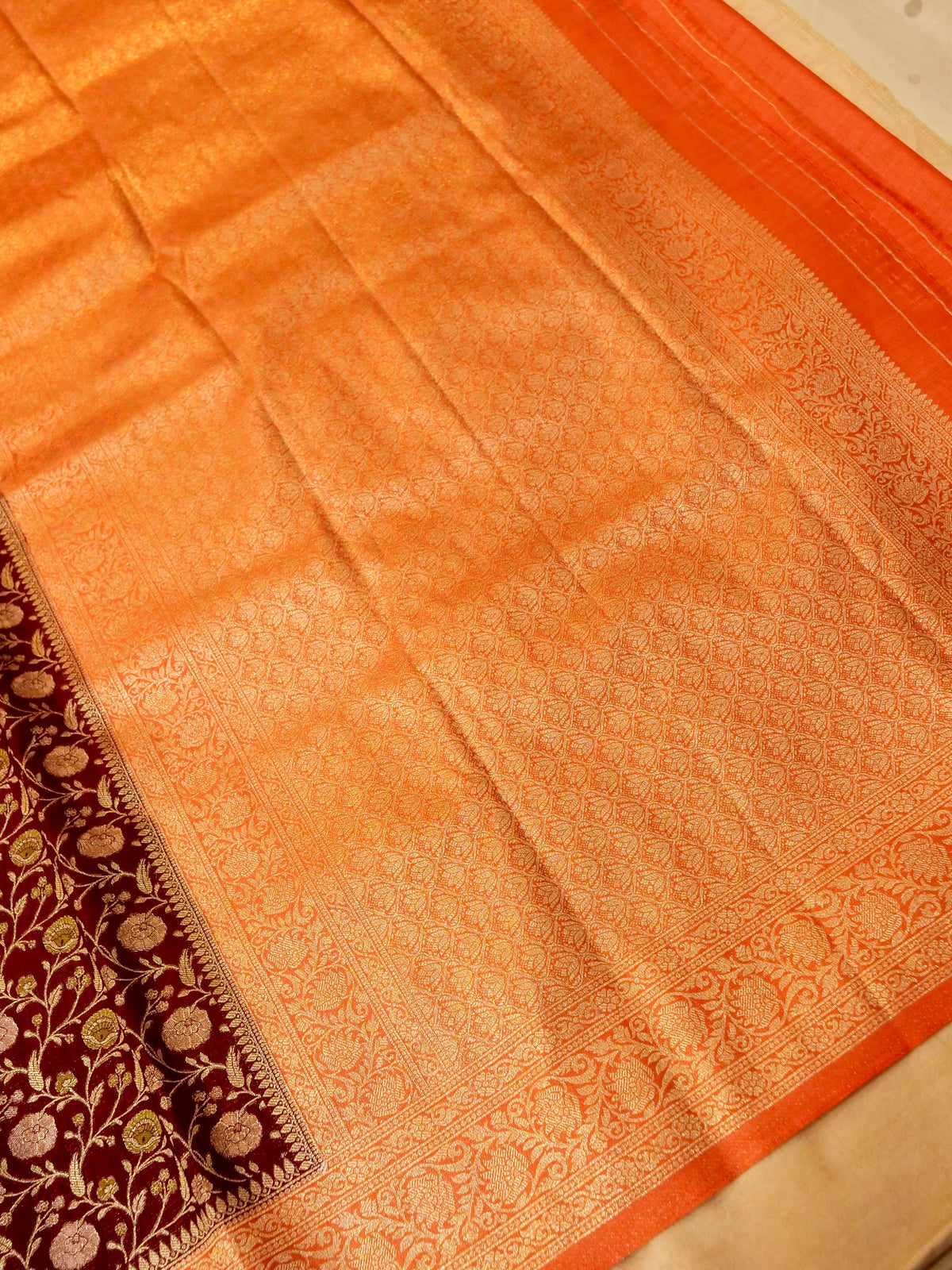 Maroon Raw Silk Saree with Orange Border