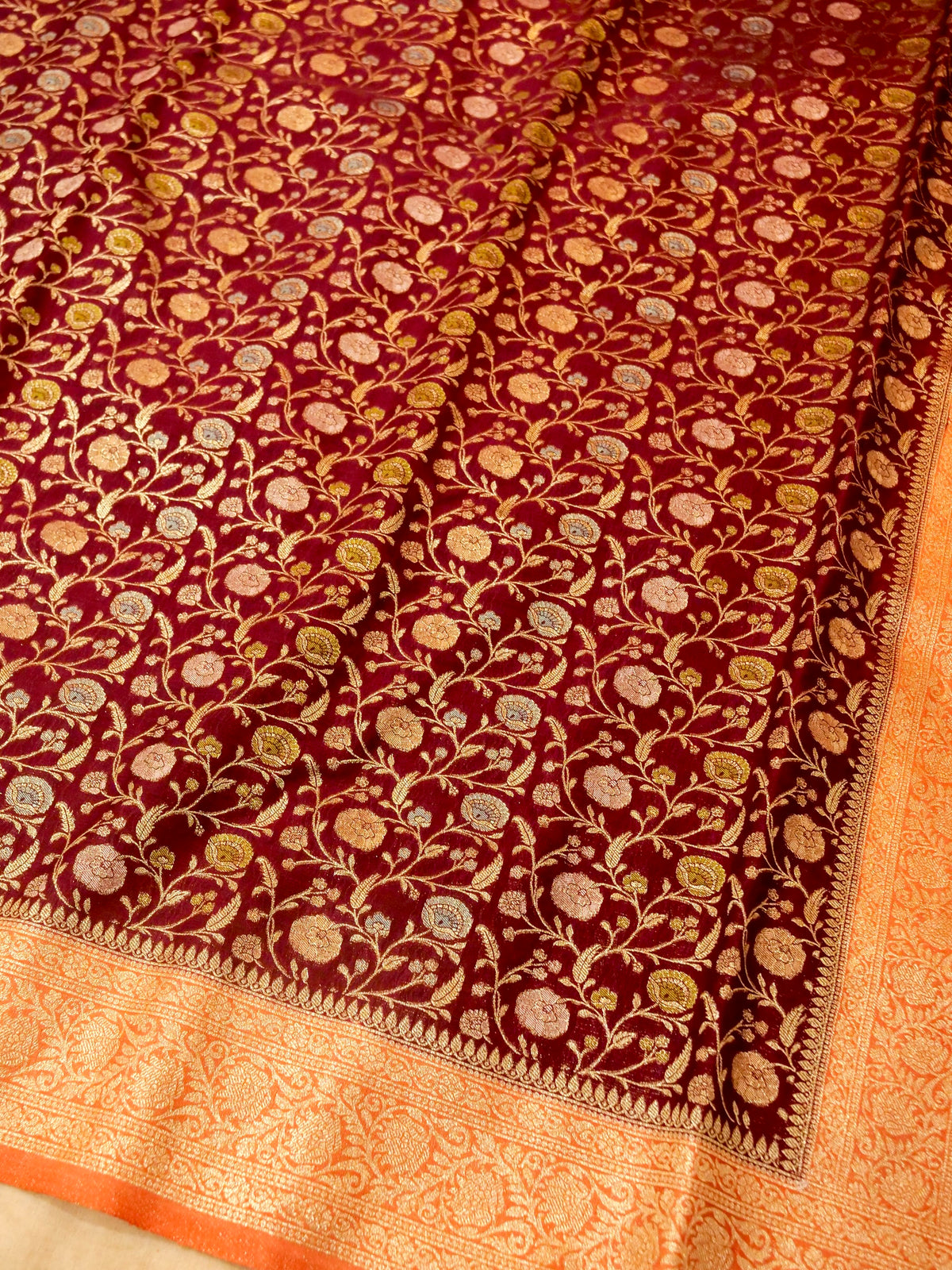 Maroon Raw Silk Saree with Orange Border