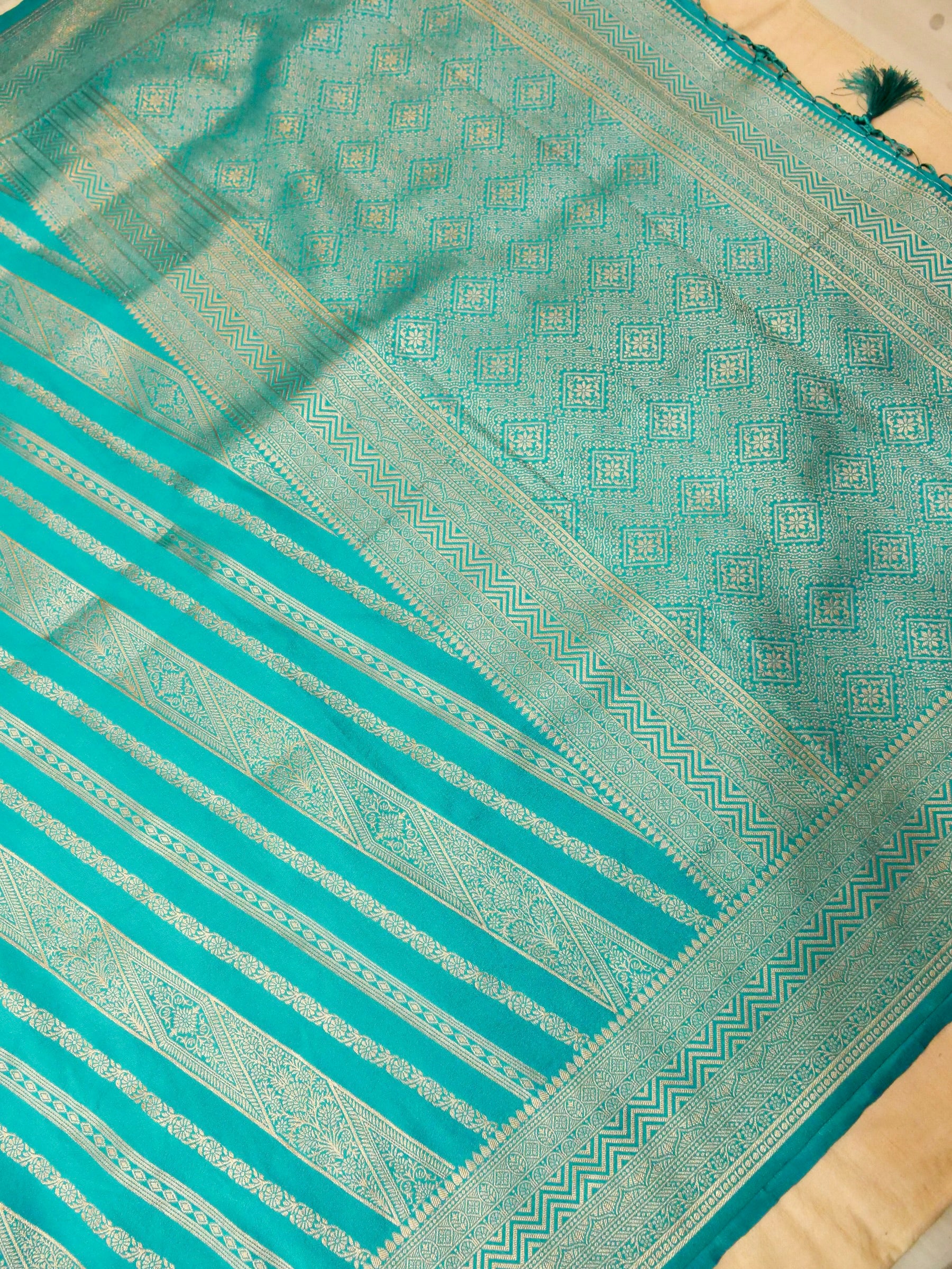 Teal Crepe Georgette Silk Saree with Gold Zari