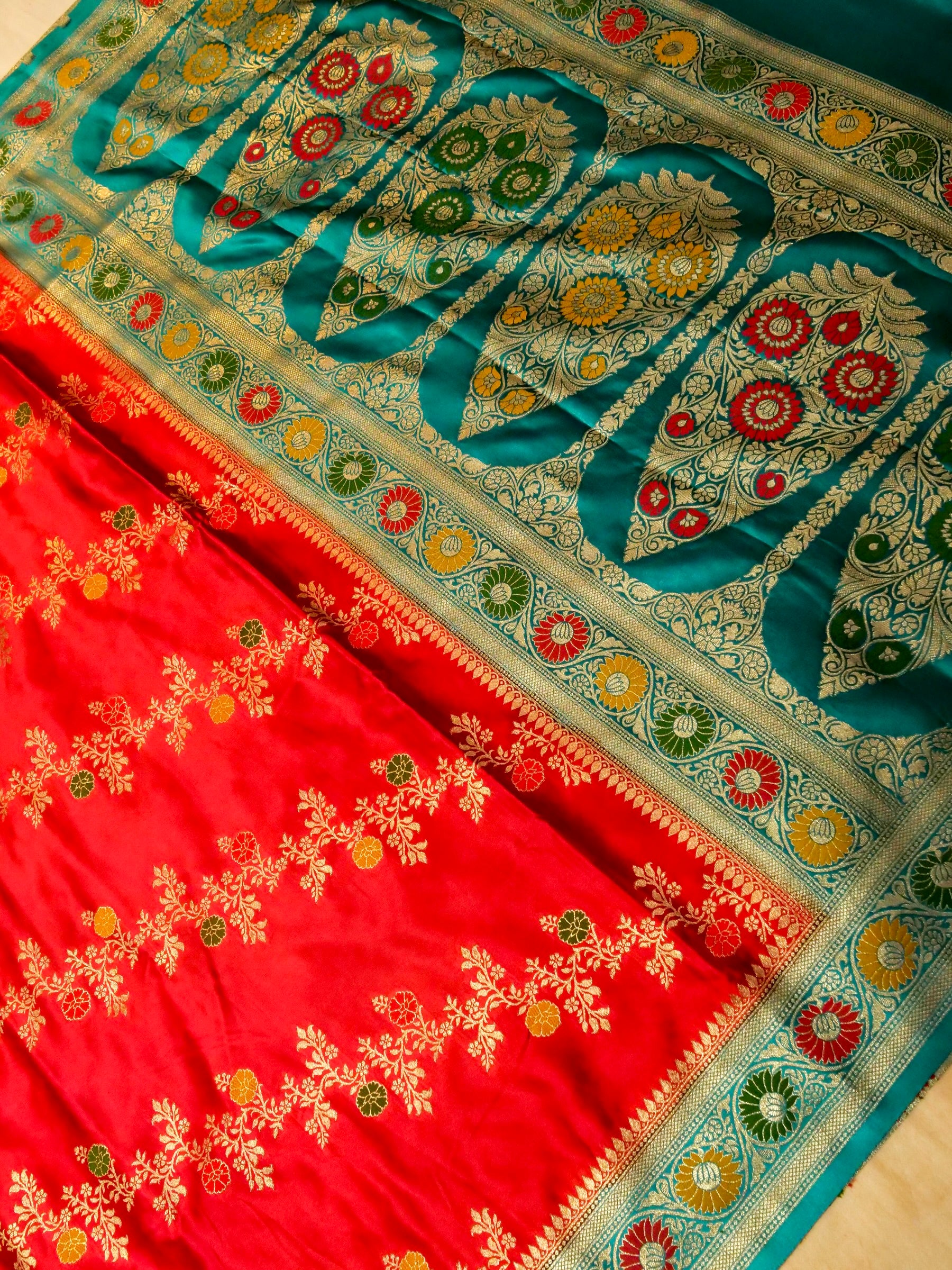 Royal Red Satin Mashru Silk Saree with Teal Zari Floral Border