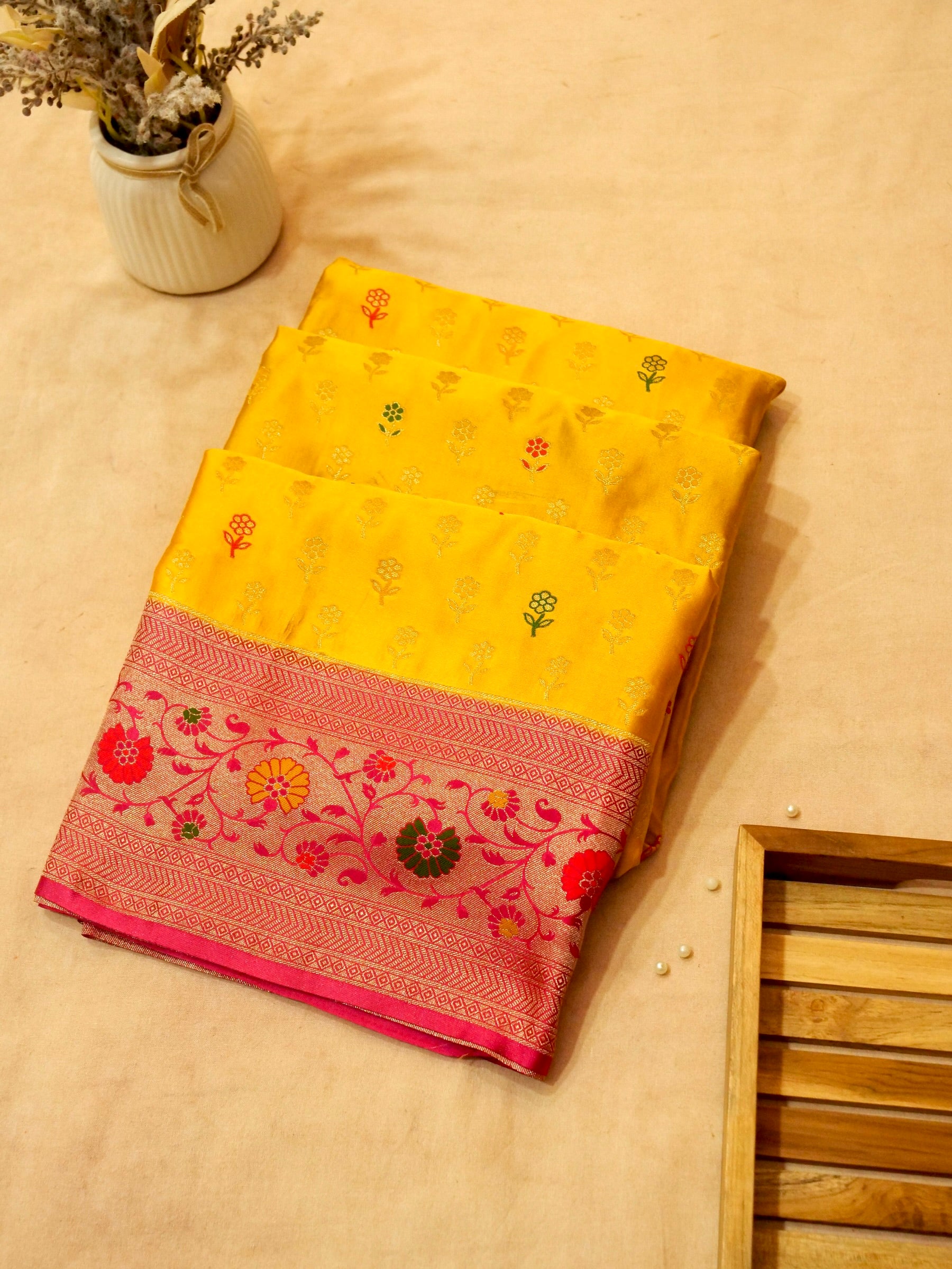 Sunshine Yellow Satin Mashru Silk Saree with Pink Floral Zari Border