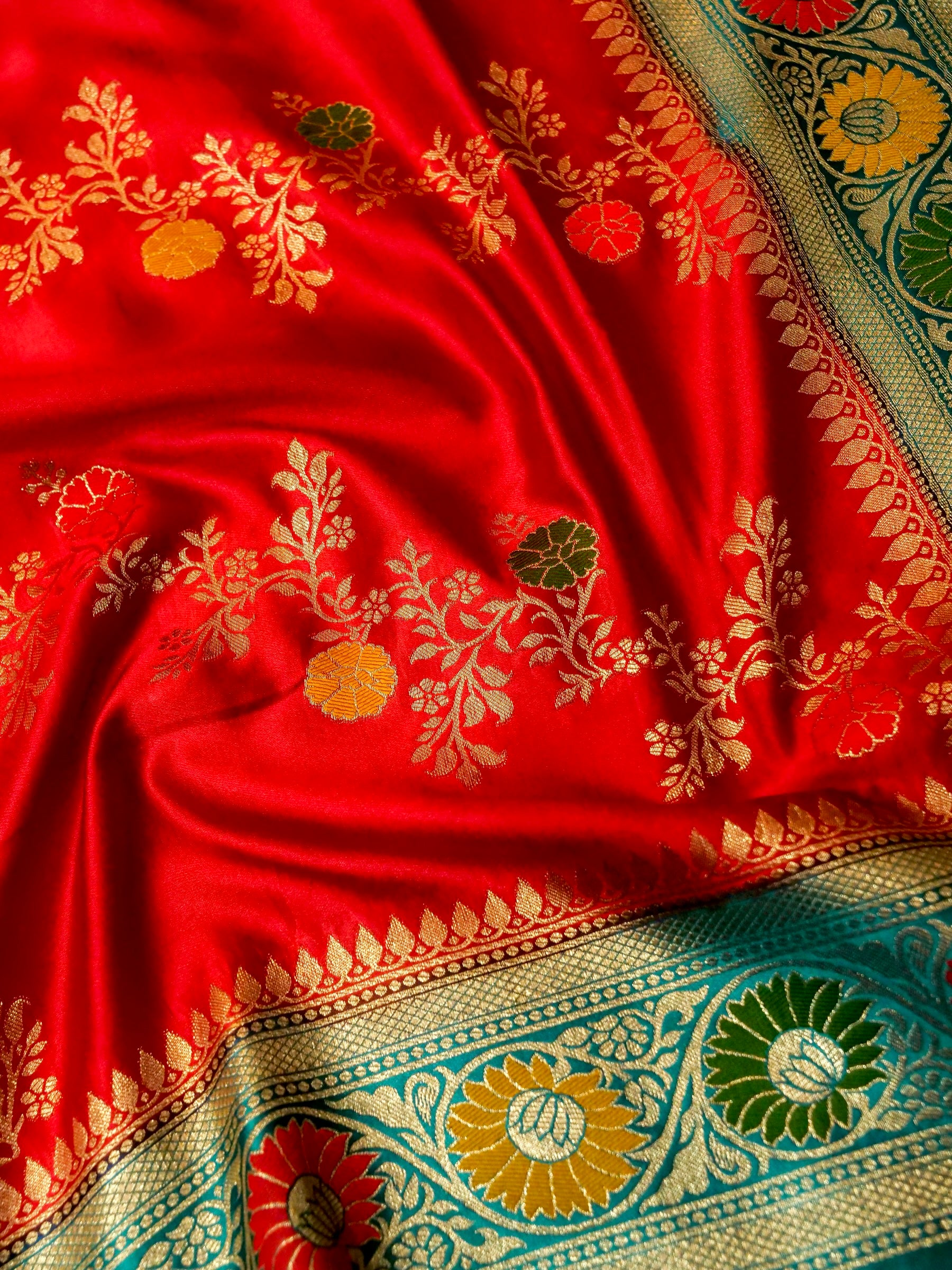 Royal Red Satin Mashru Silk Saree with Teal Zari Floral Border