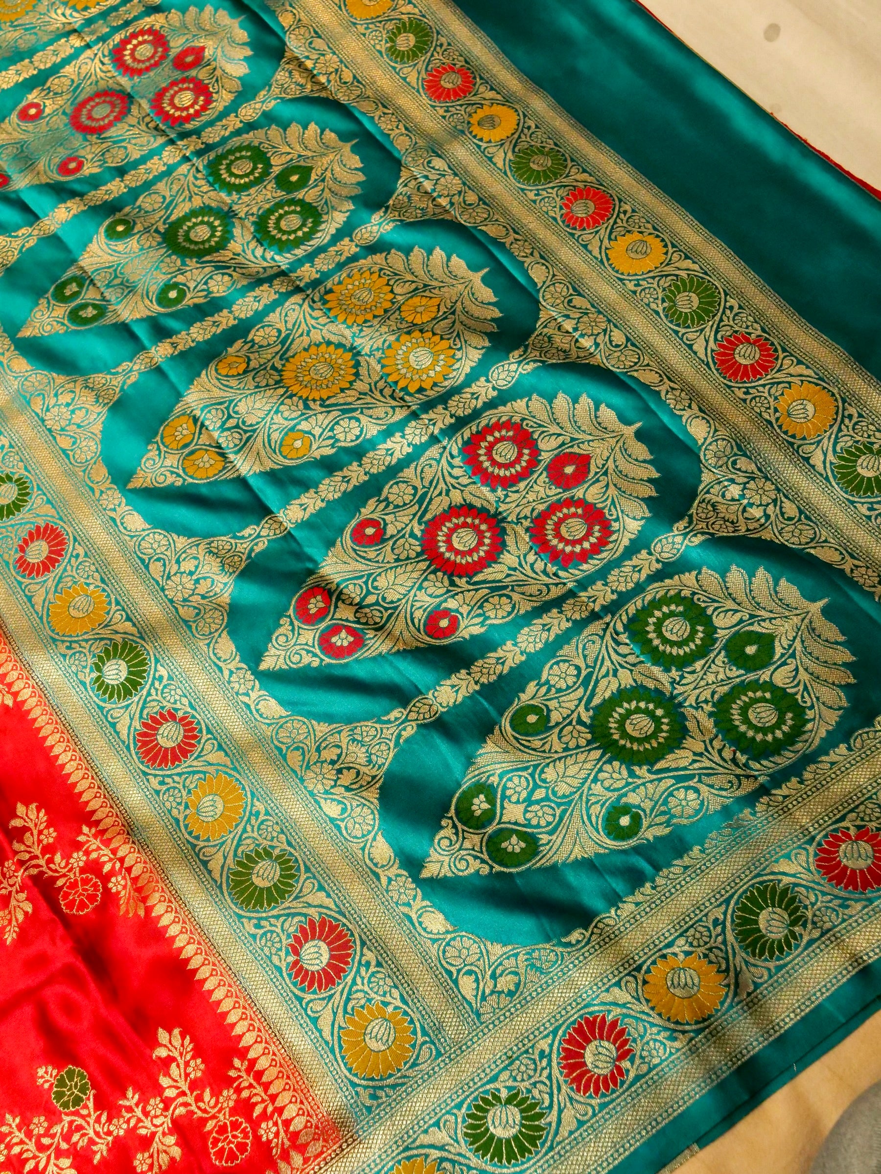Royal Red Satin Mashru Silk Saree with Teal Zari Floral Border