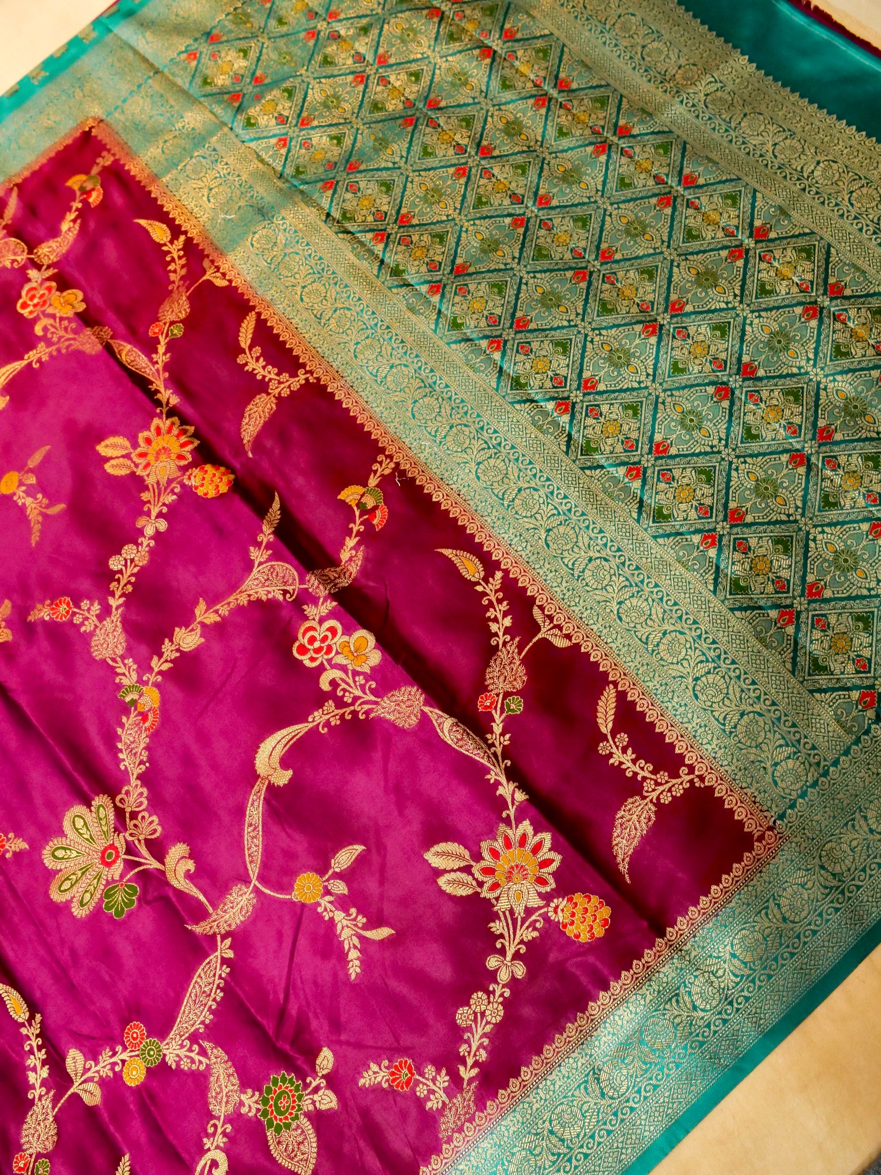 Rani Pink Satin Mashru Silk Saree with Teal Zari Border