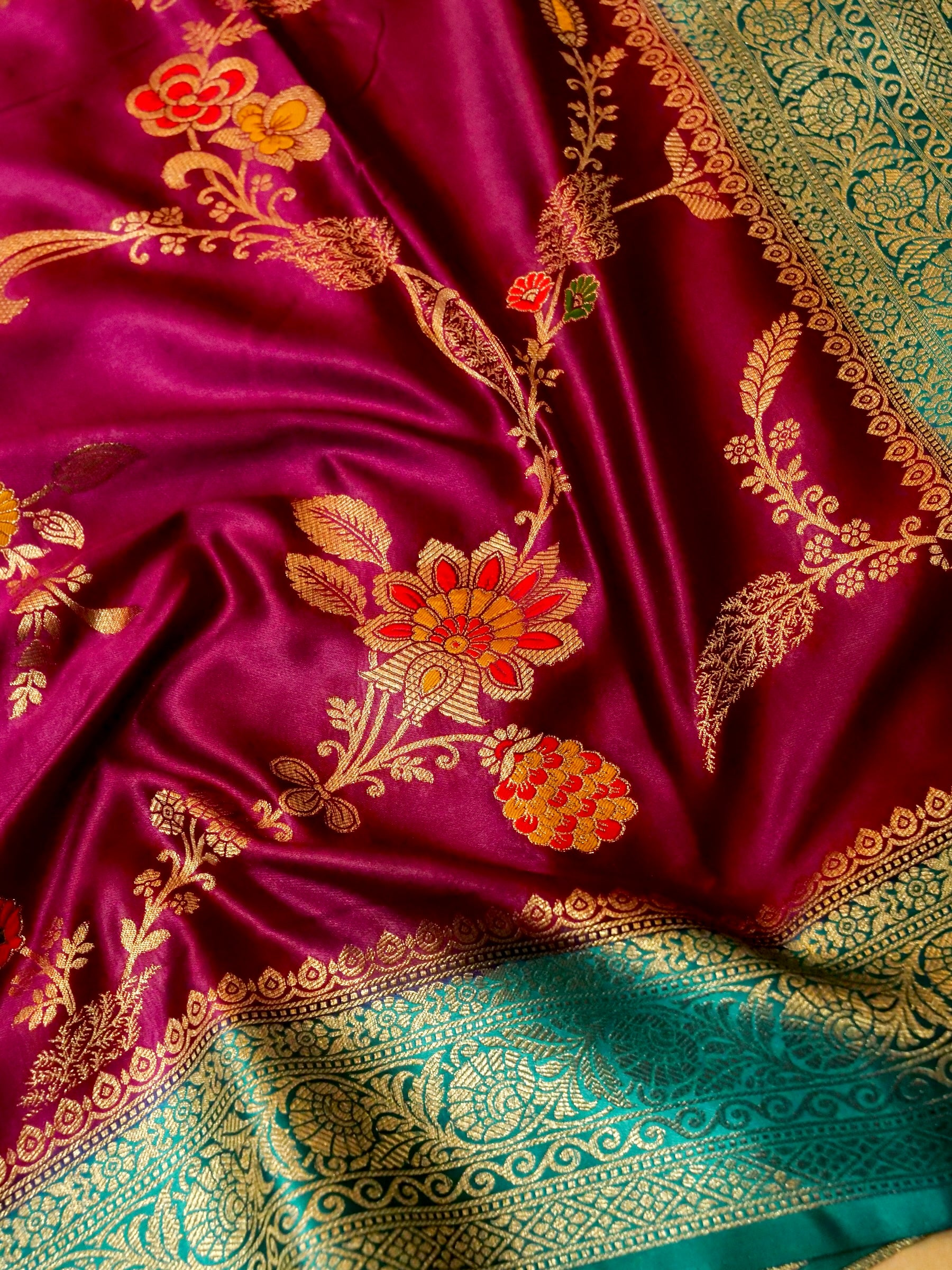 Rani Pink Satin Mashru Silk Saree with Teal Zari Border