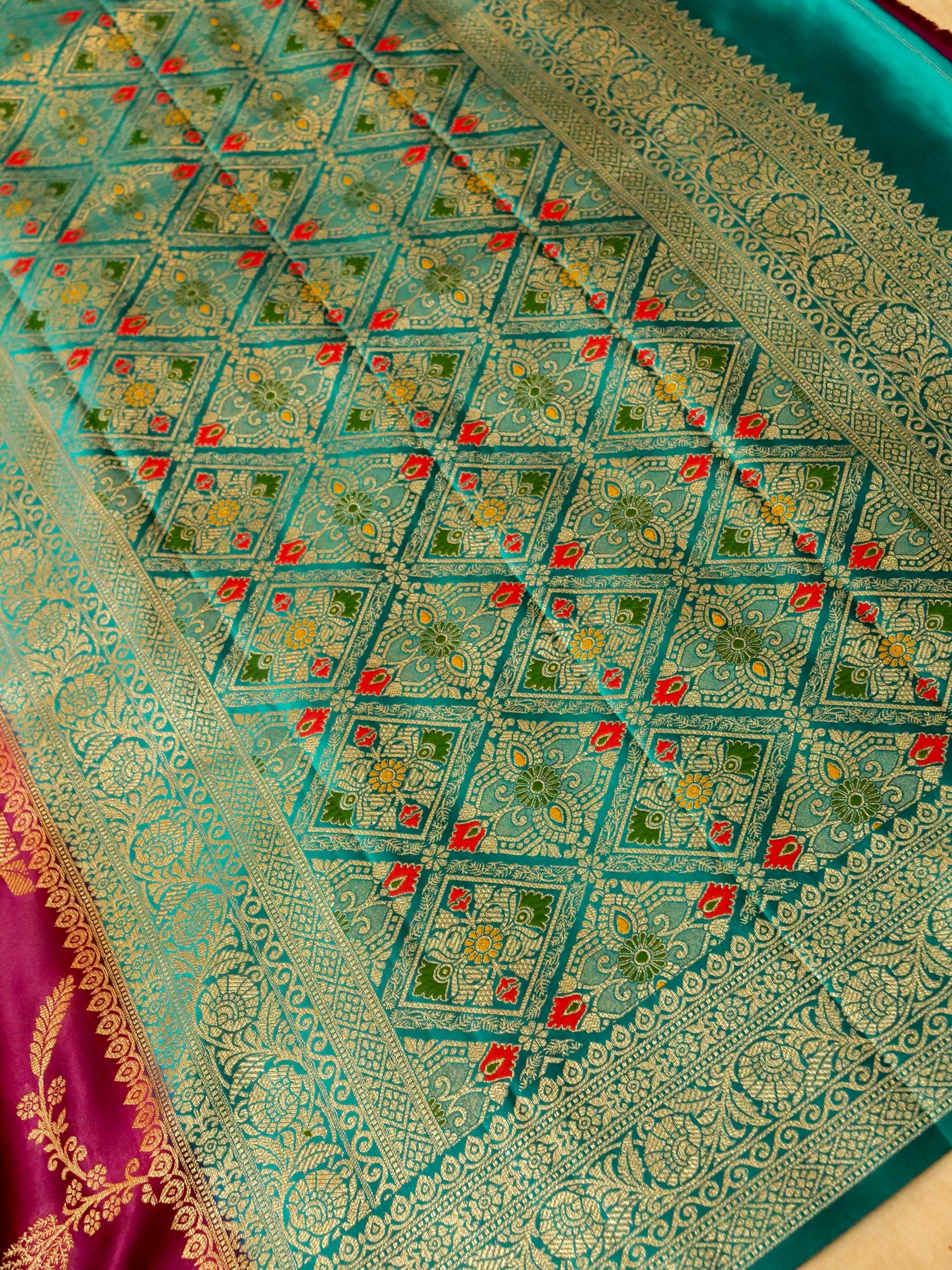 Rani Pink Satin Mashru Silk Saree with Teal Zari Border