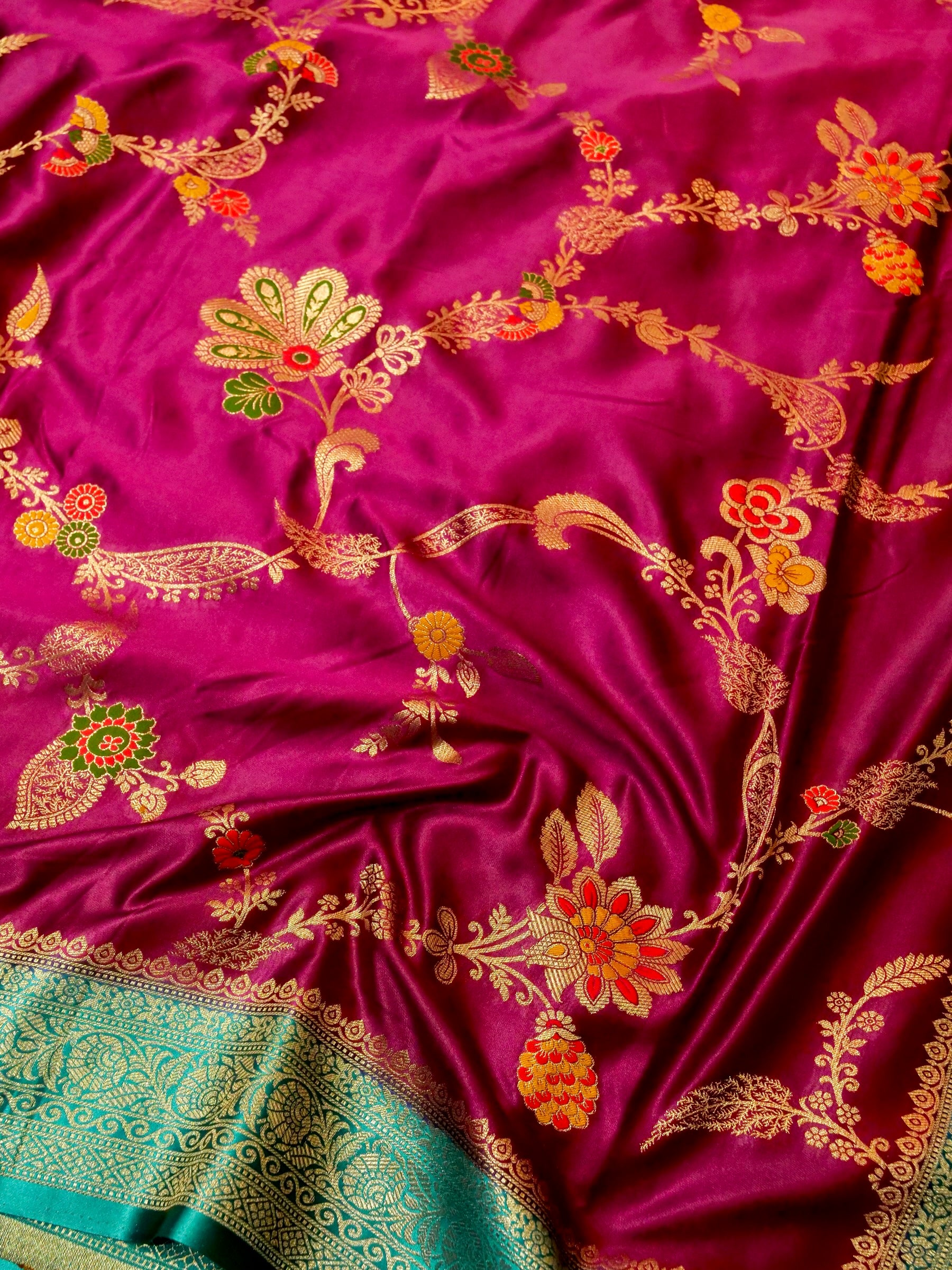 Rani Pink Satin Mashru Silk Saree with Teal Zari Border