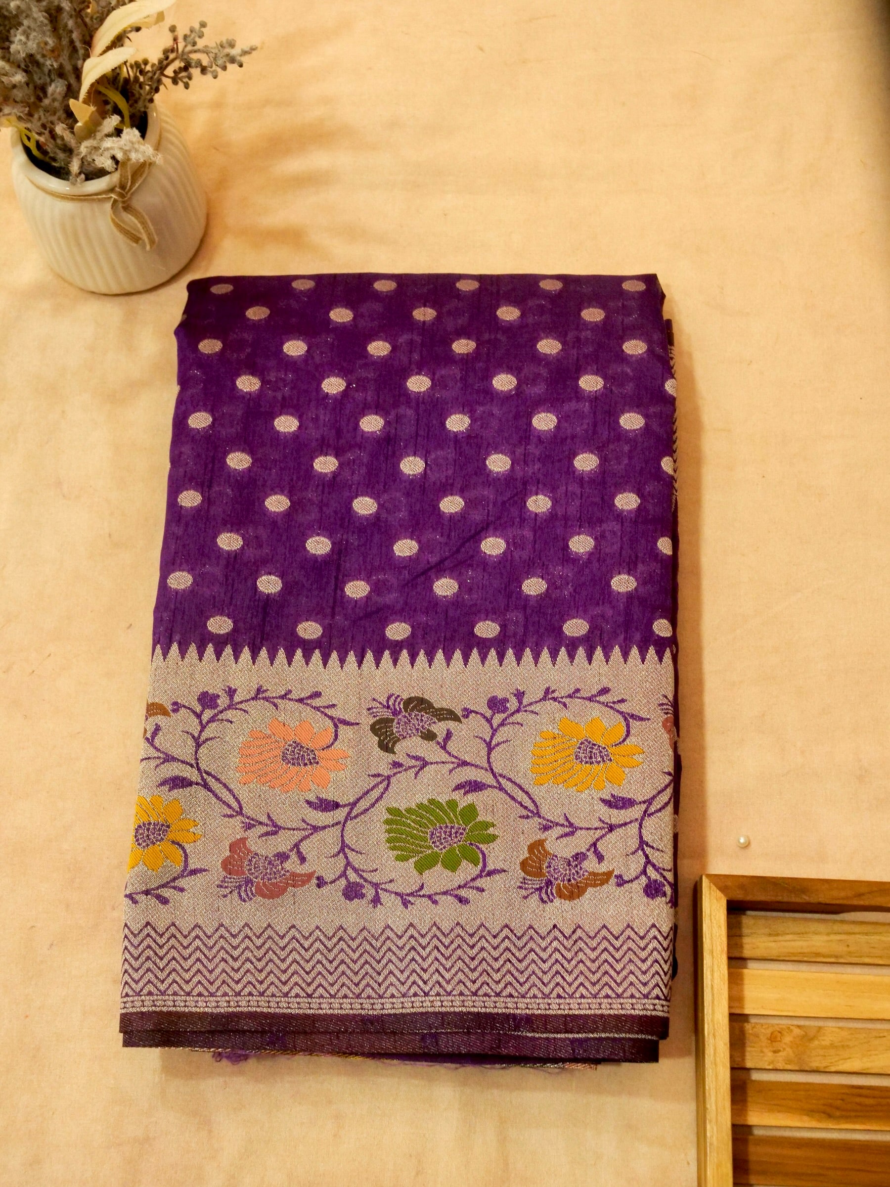 Purple Polka Raw Silk Saree with Floral Border