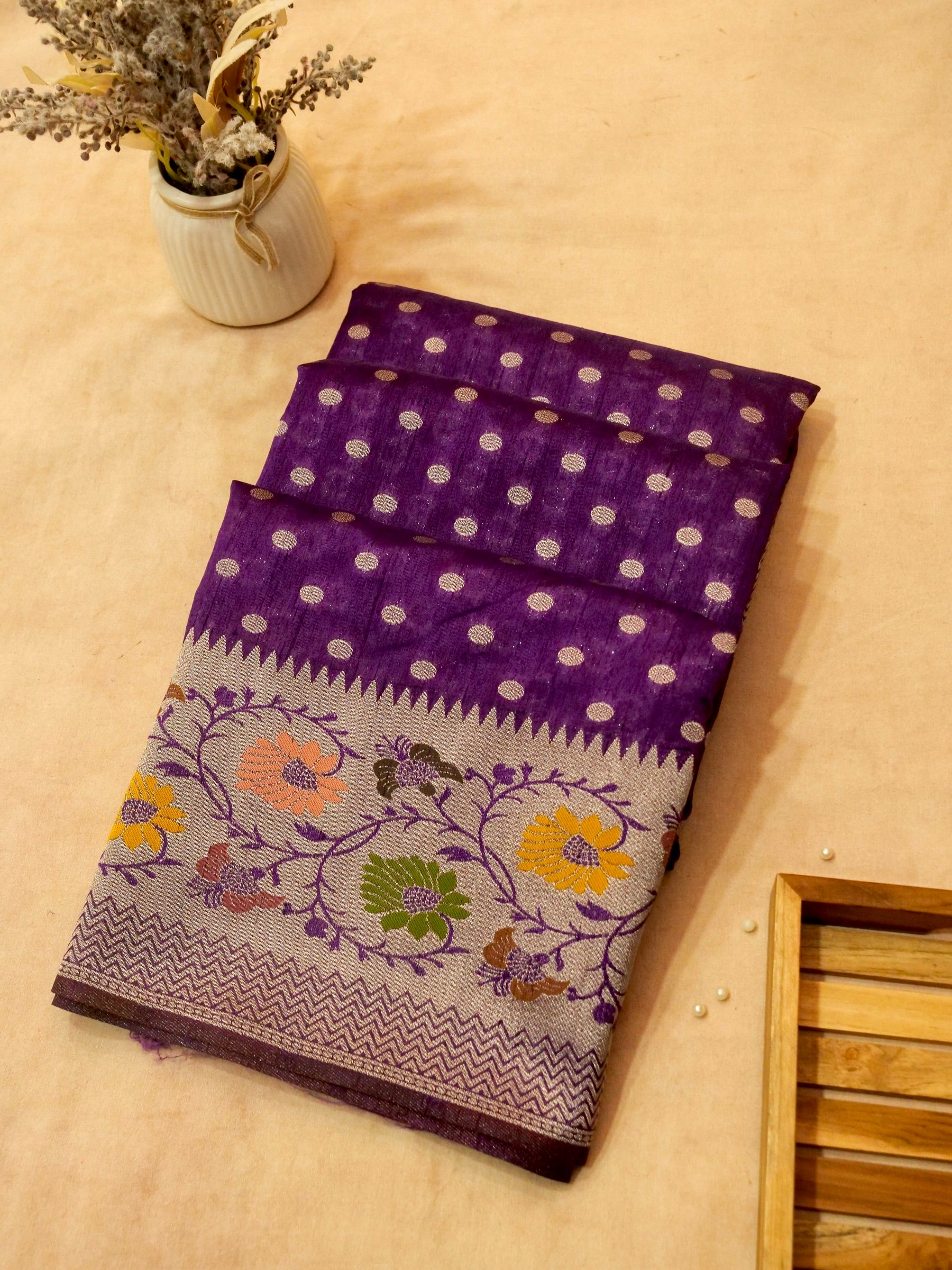 Purple Polka Raw Silk Saree with Floral Border