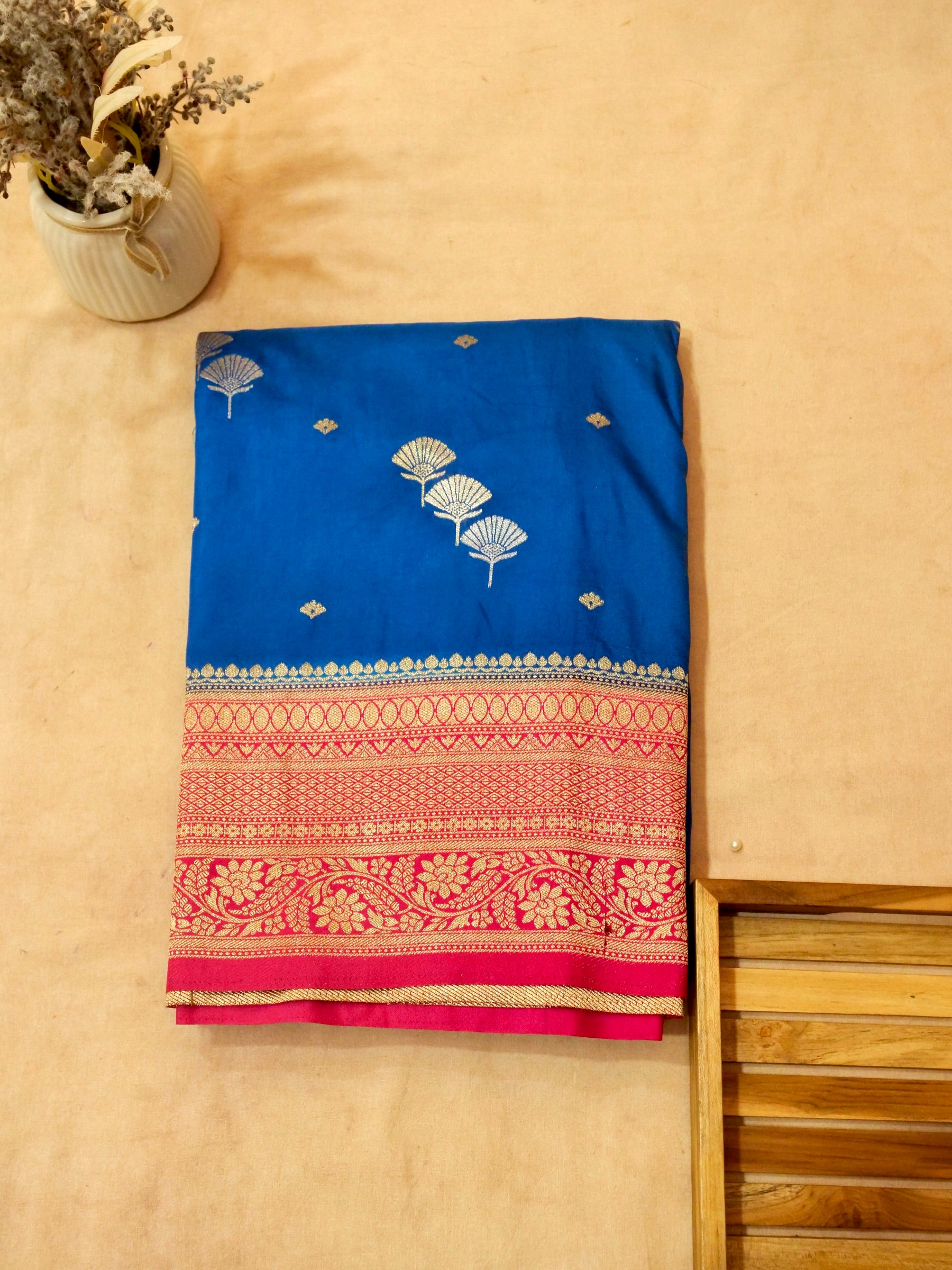 Royal Blue Crepe Georgette Silk Saree with Pink Border