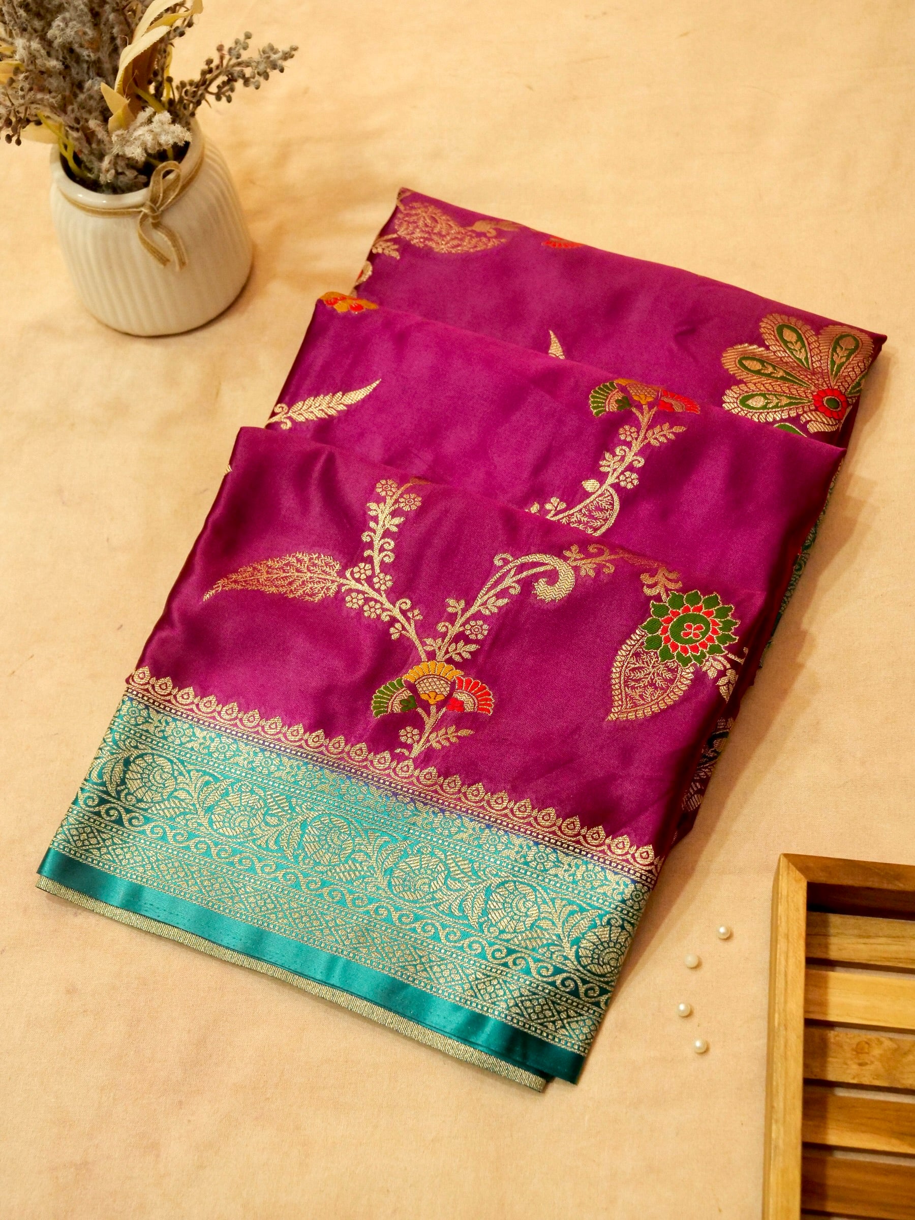 Rani Pink Satin Mashru Silk Saree with Teal Zari Border