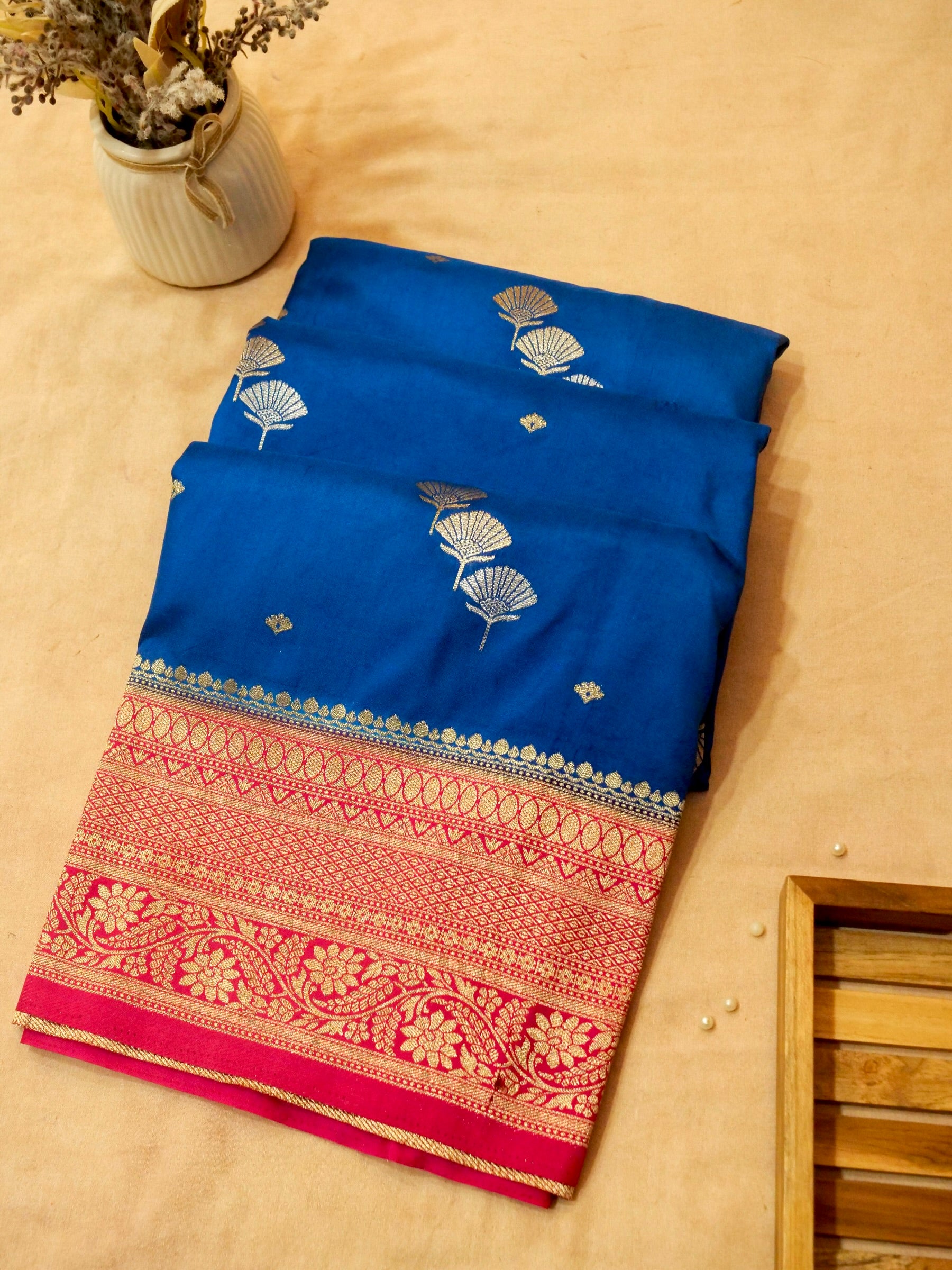 Royal Blue Crepe Georgette Silk Saree with Pink Border