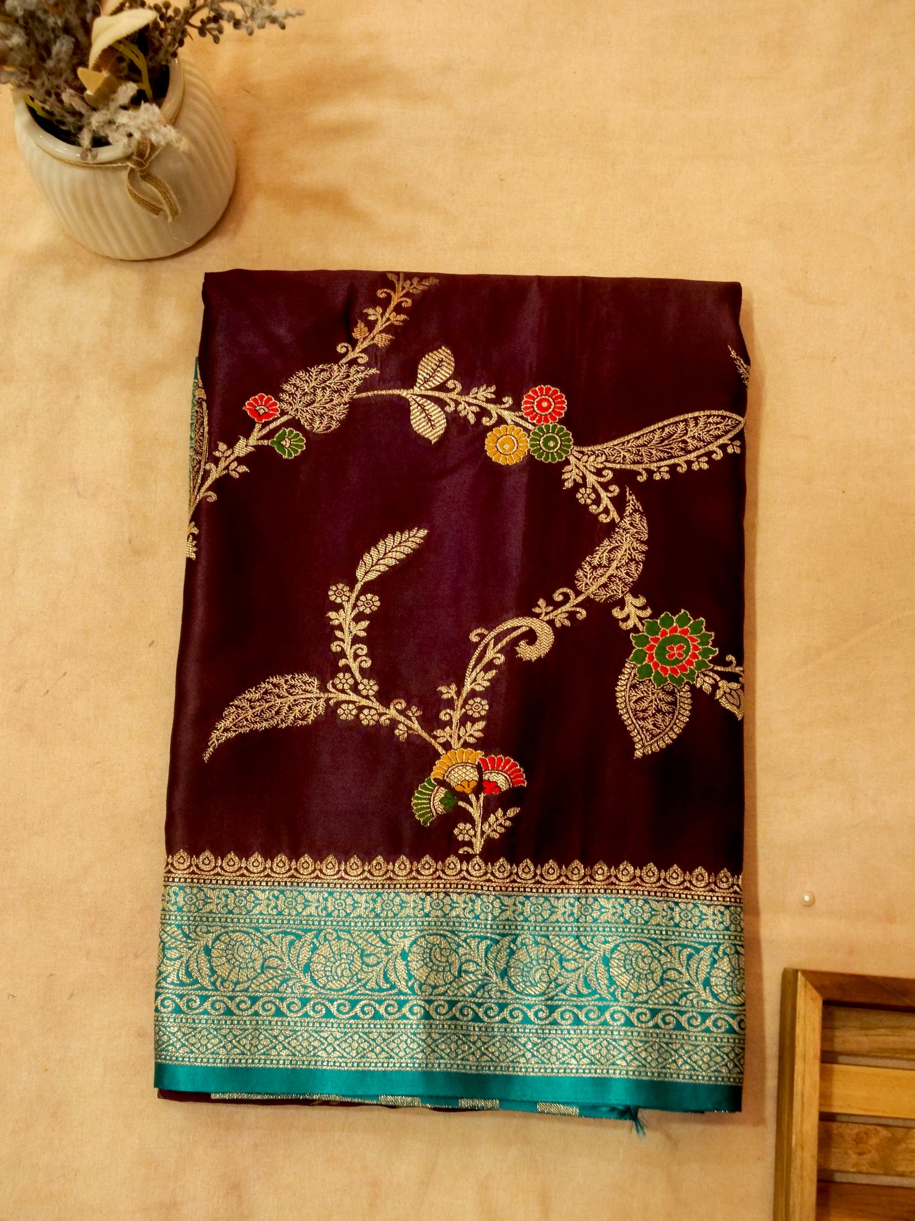 Wine Satin Mashru Silk Saree with Teal Zari Border