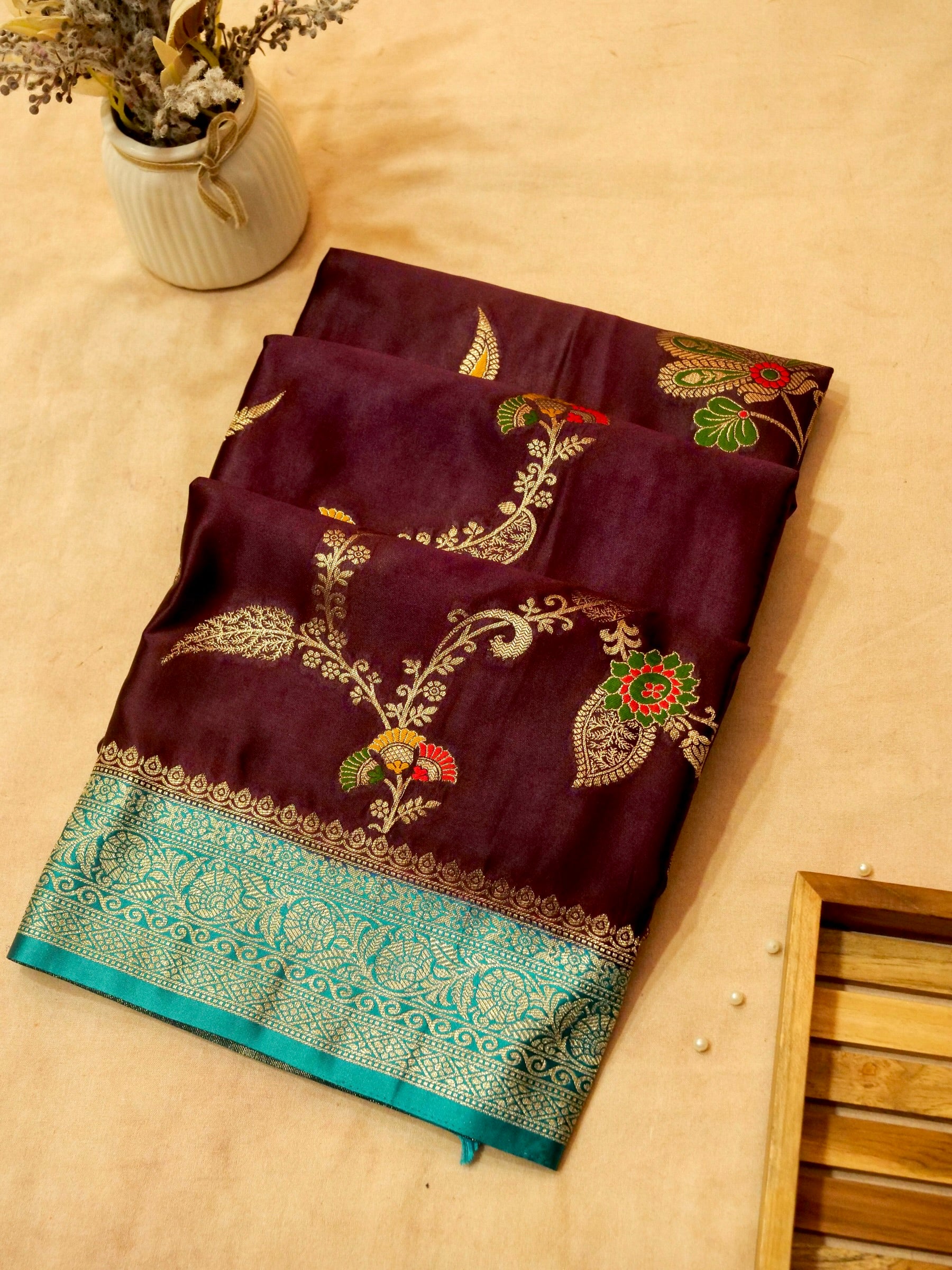 Wine Satin Mashru Silk Saree with Teal Zari Border