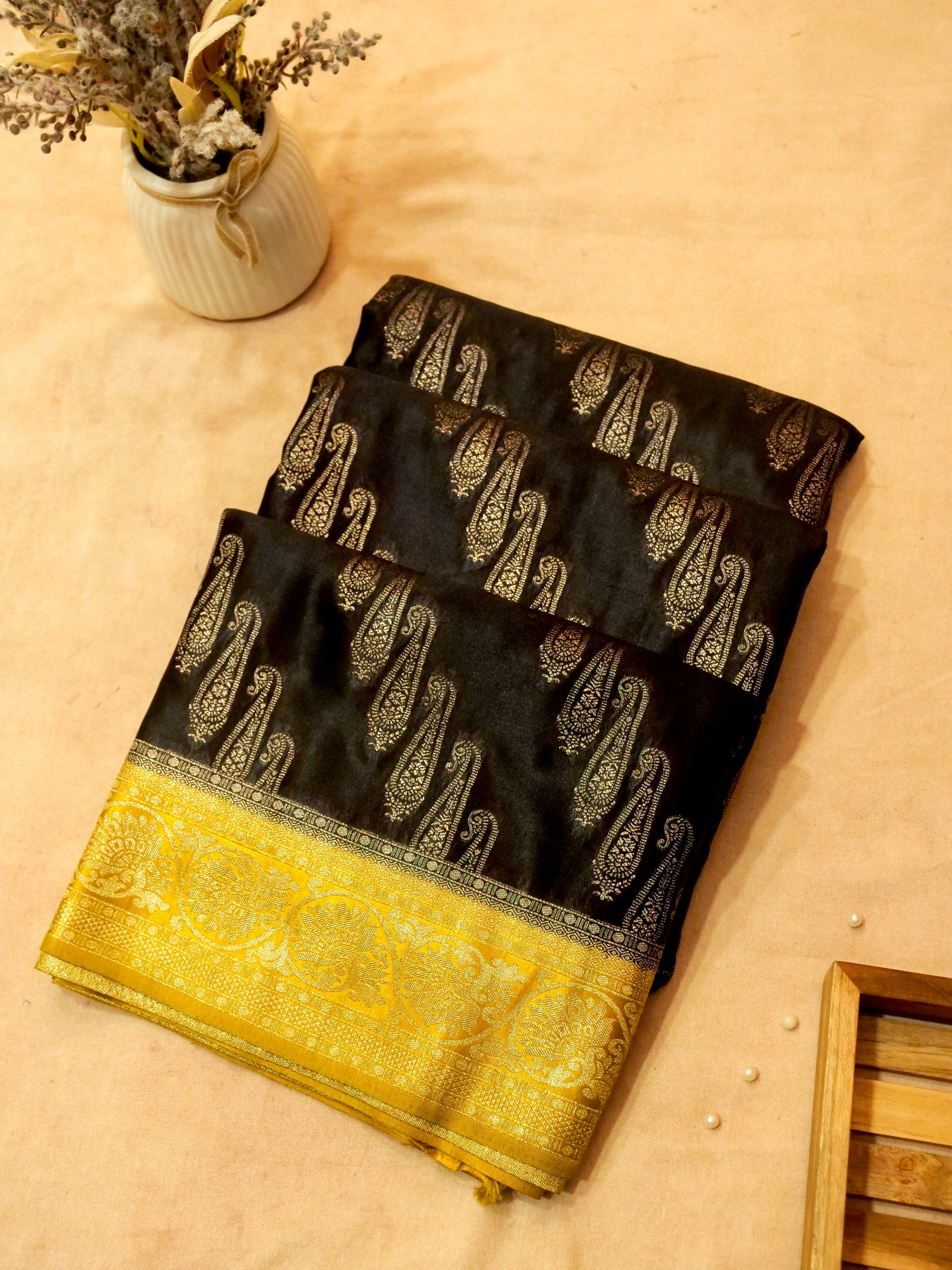 Classic Black Satin Mashru Silk Saree with Gold Zari Border