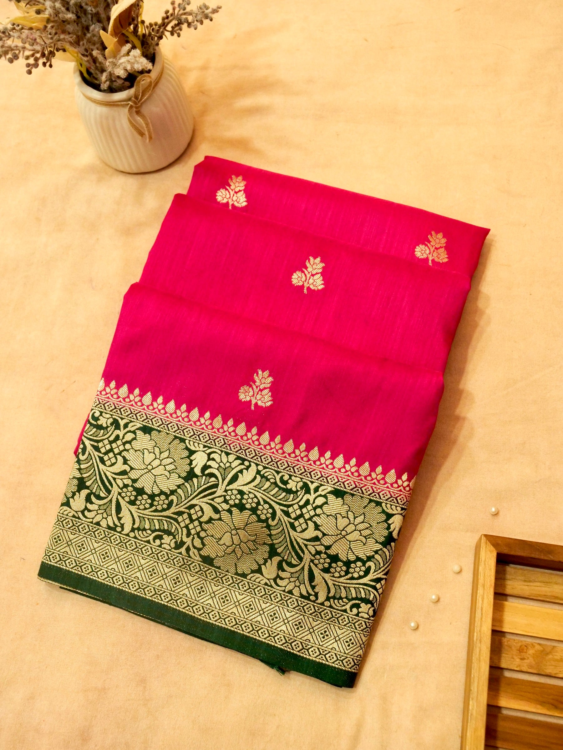 Rani Pink Semi Katan Silk Saree with Green Zari Border