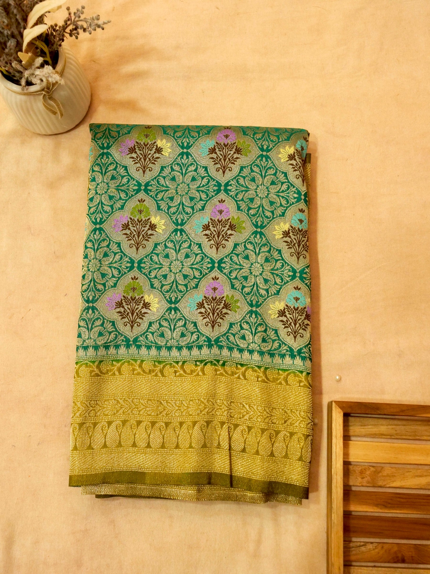 Sea Green Semi Tanchoi Saree with Rich Antique Zari Border