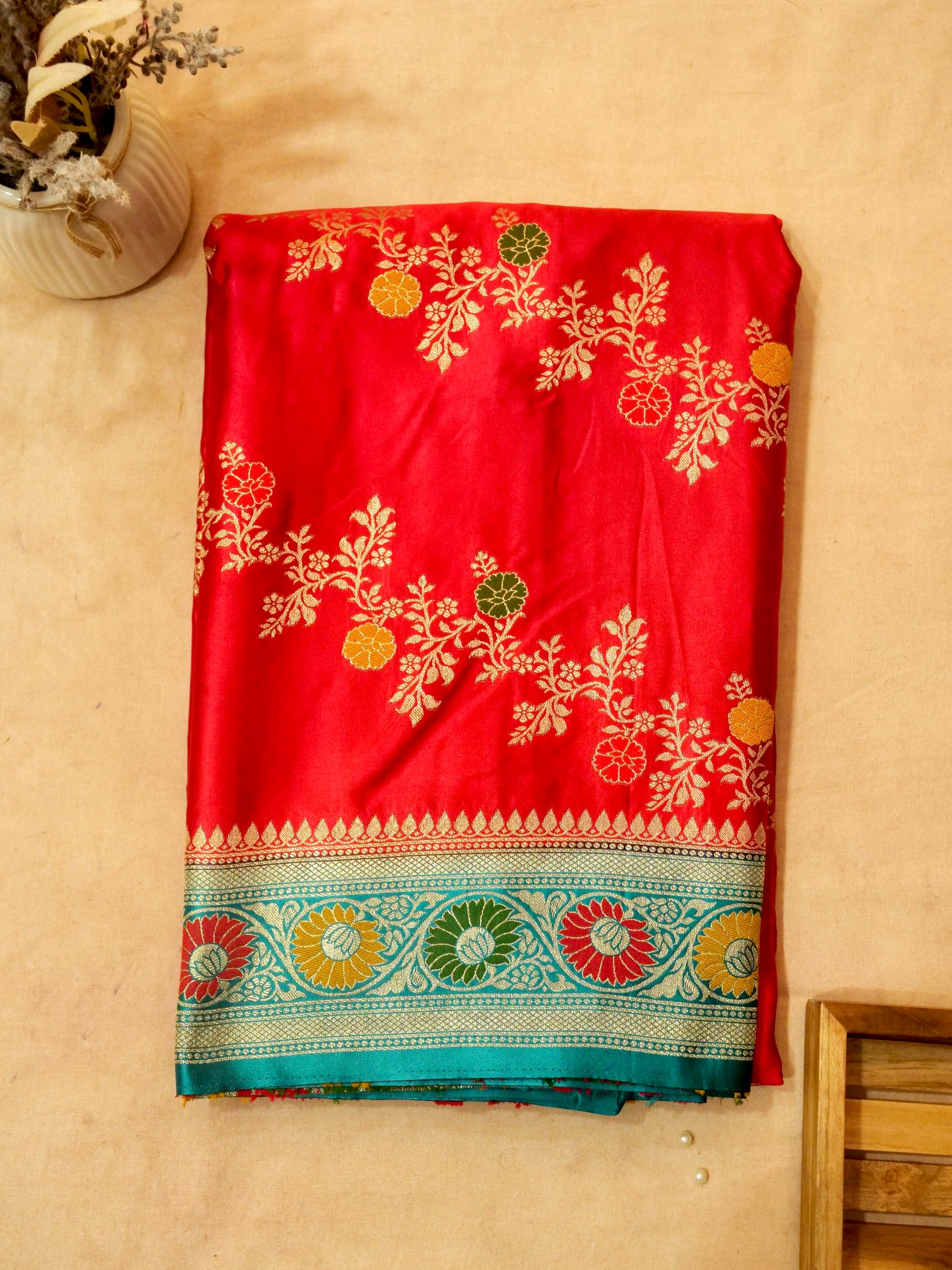 Royal Red Satin Mashru Silk Saree with Teal Zari Floral Border