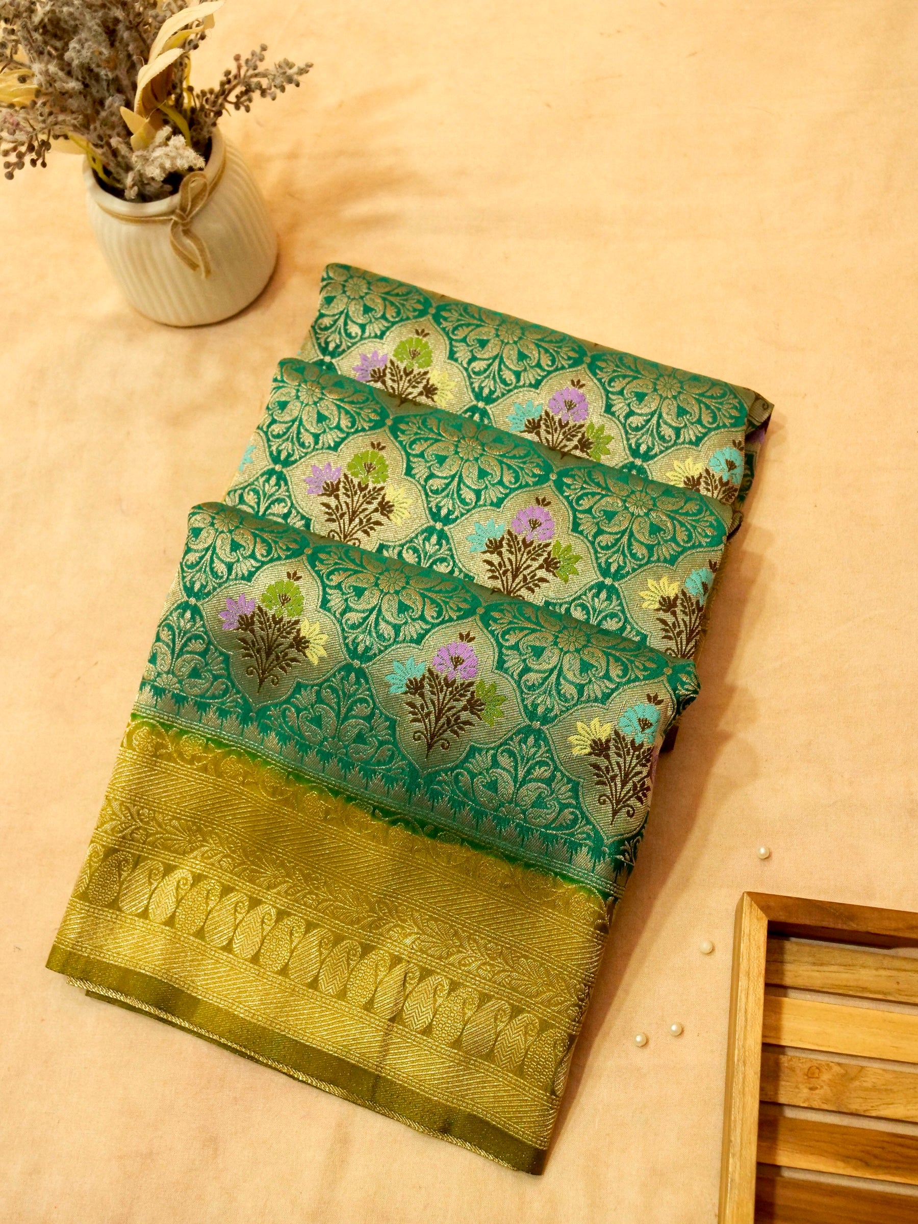 Sea Green Semi Tanchoi Saree with Rich Antique Zari Border
