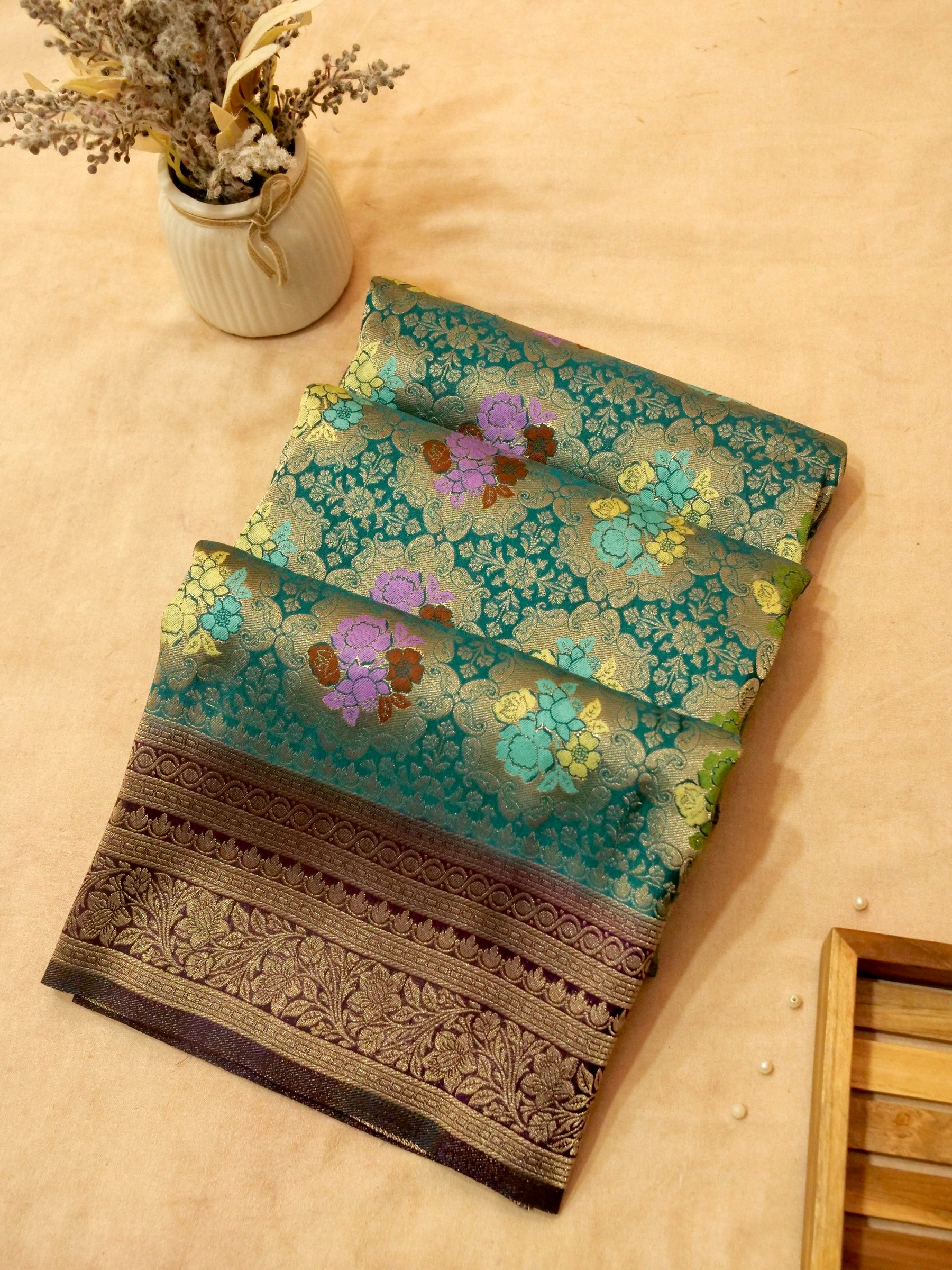 Peacock Teal Semi Tanchoi Saree with Floral Border