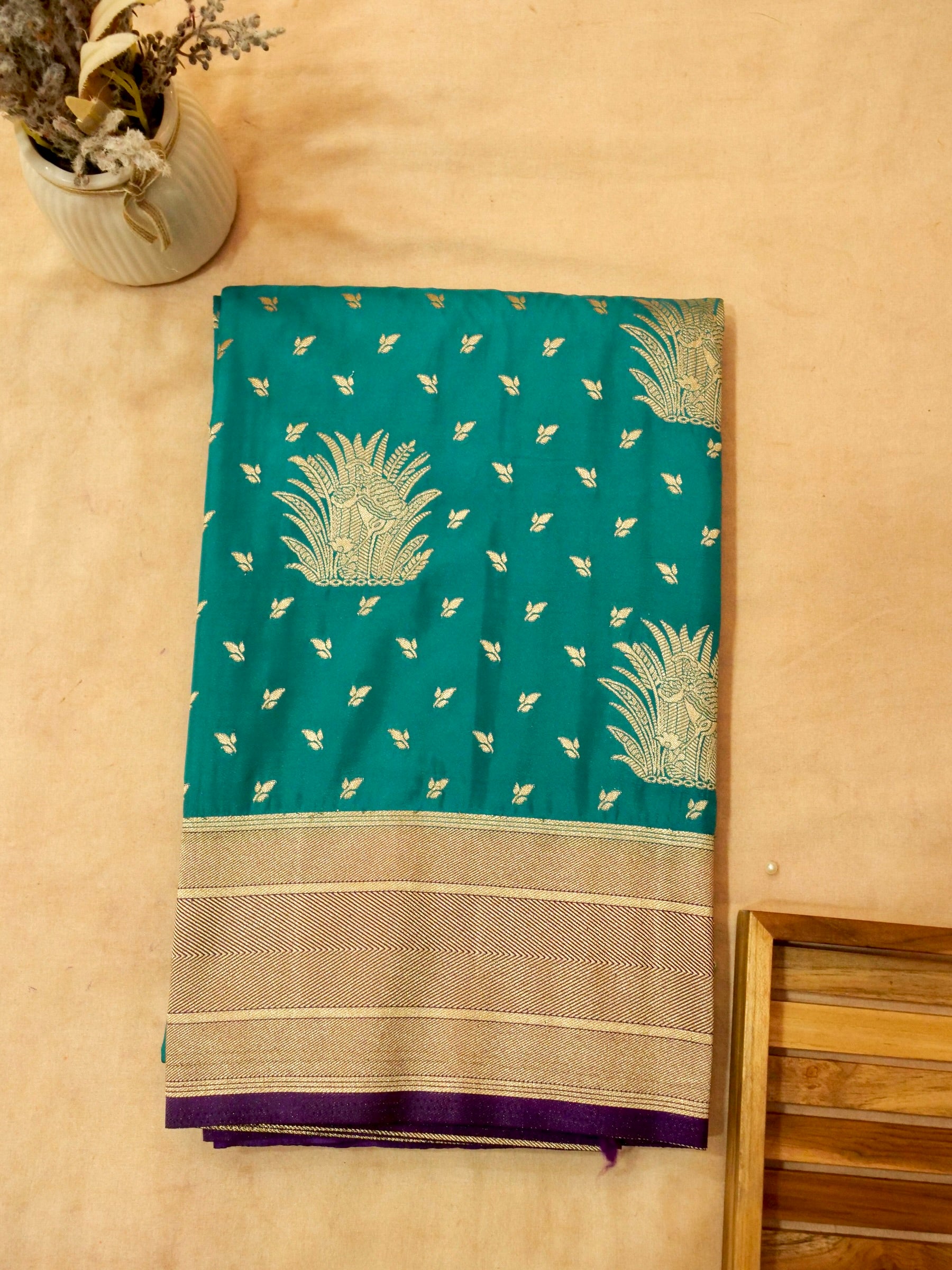 Teal Green Semi Katan Silk Saree with Gold & Purple Border