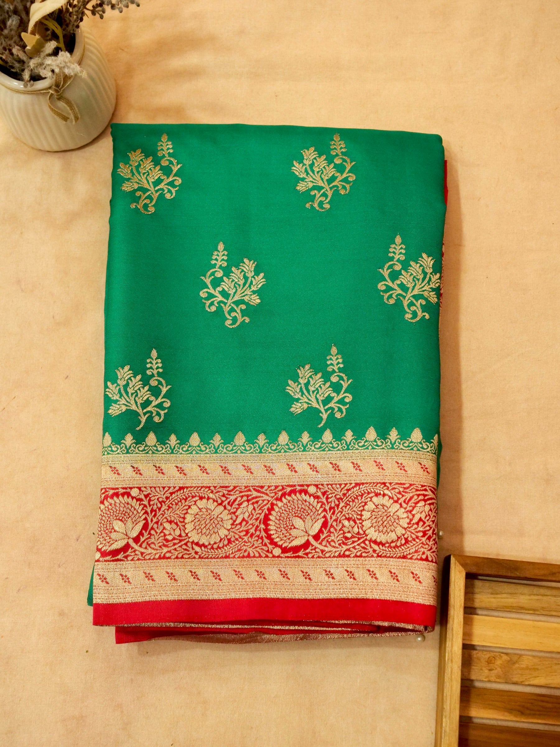 Emerald Green Semi Katan Silk Saree with Rich Red Zari Border