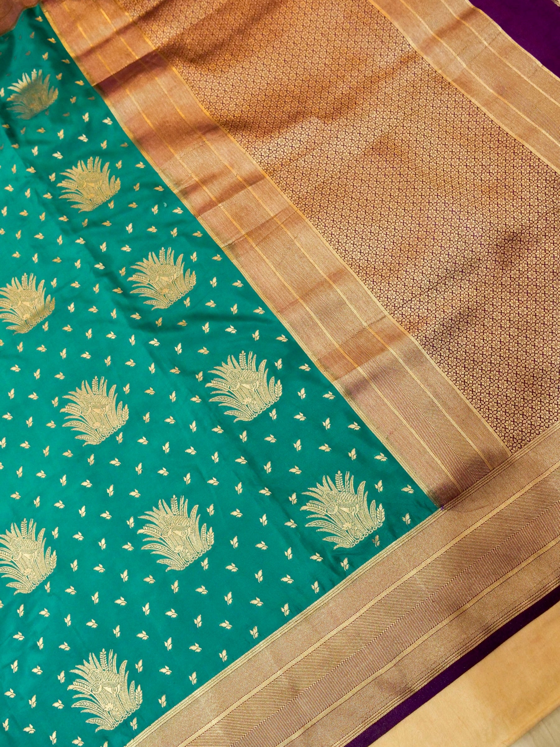 Teal Green Semi Katan Silk Saree with Gold & Purple Border