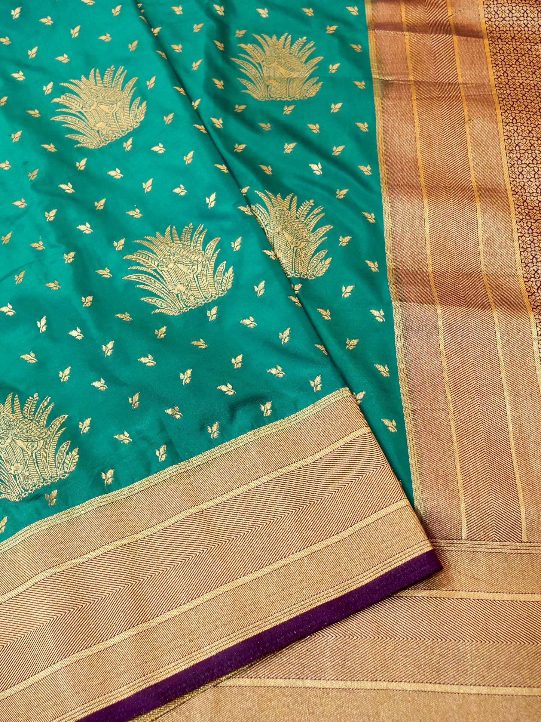 Teal Green Semi Katan Silk Saree with Gold & Purple Border