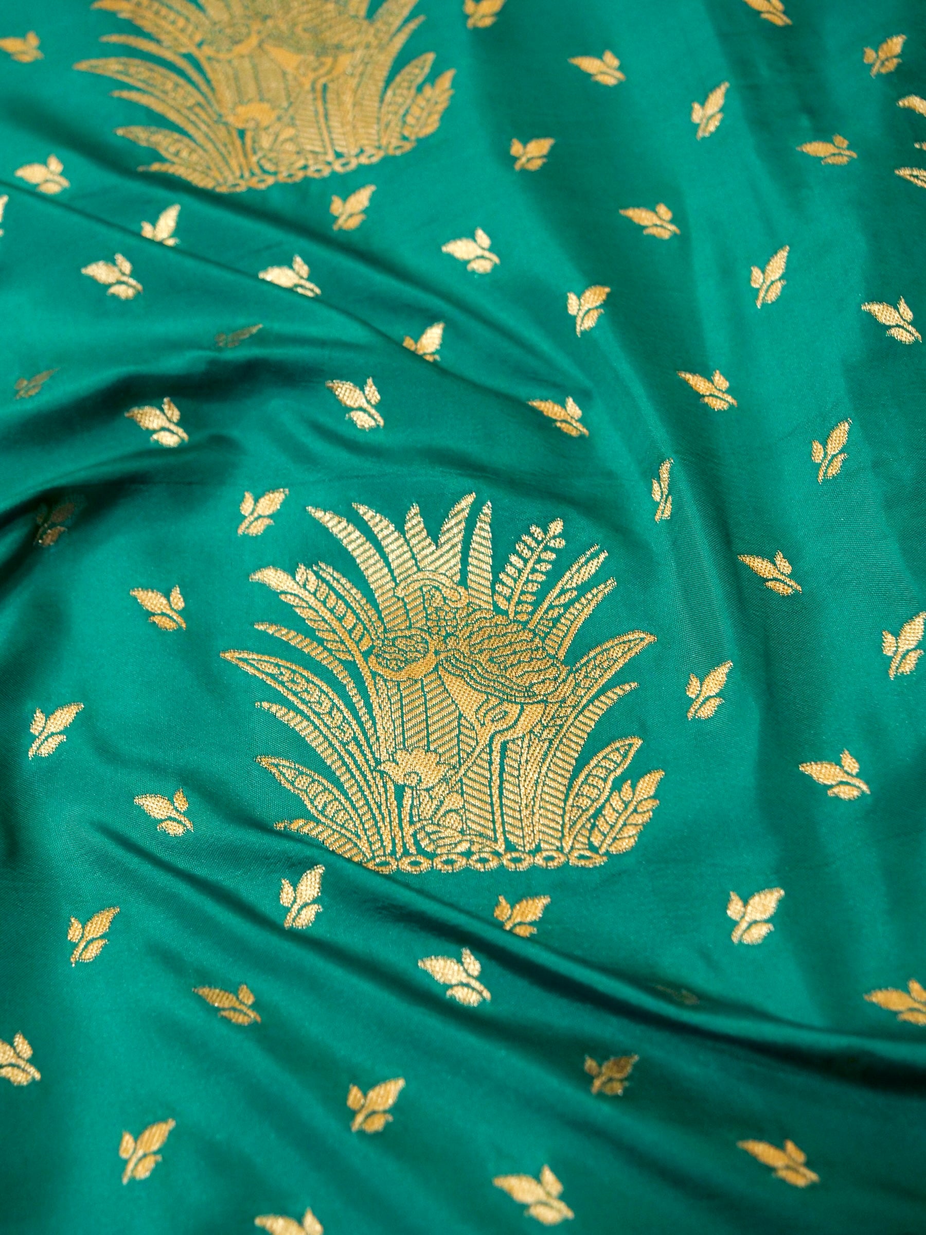 Teal Green Semi Katan Silk Saree with Gold & Purple Border