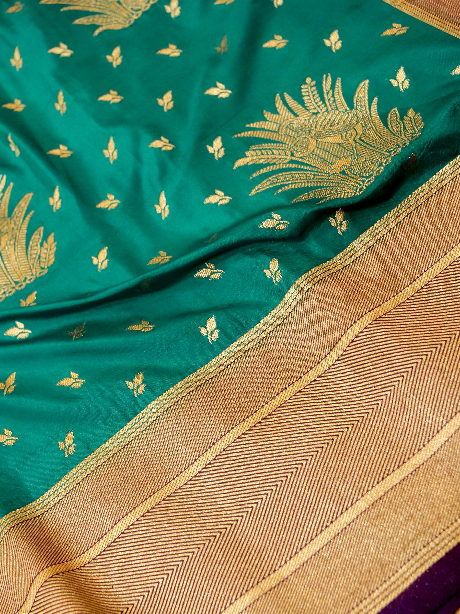 Teal Green Semi Katan Silk Saree with Gold & Purple Border