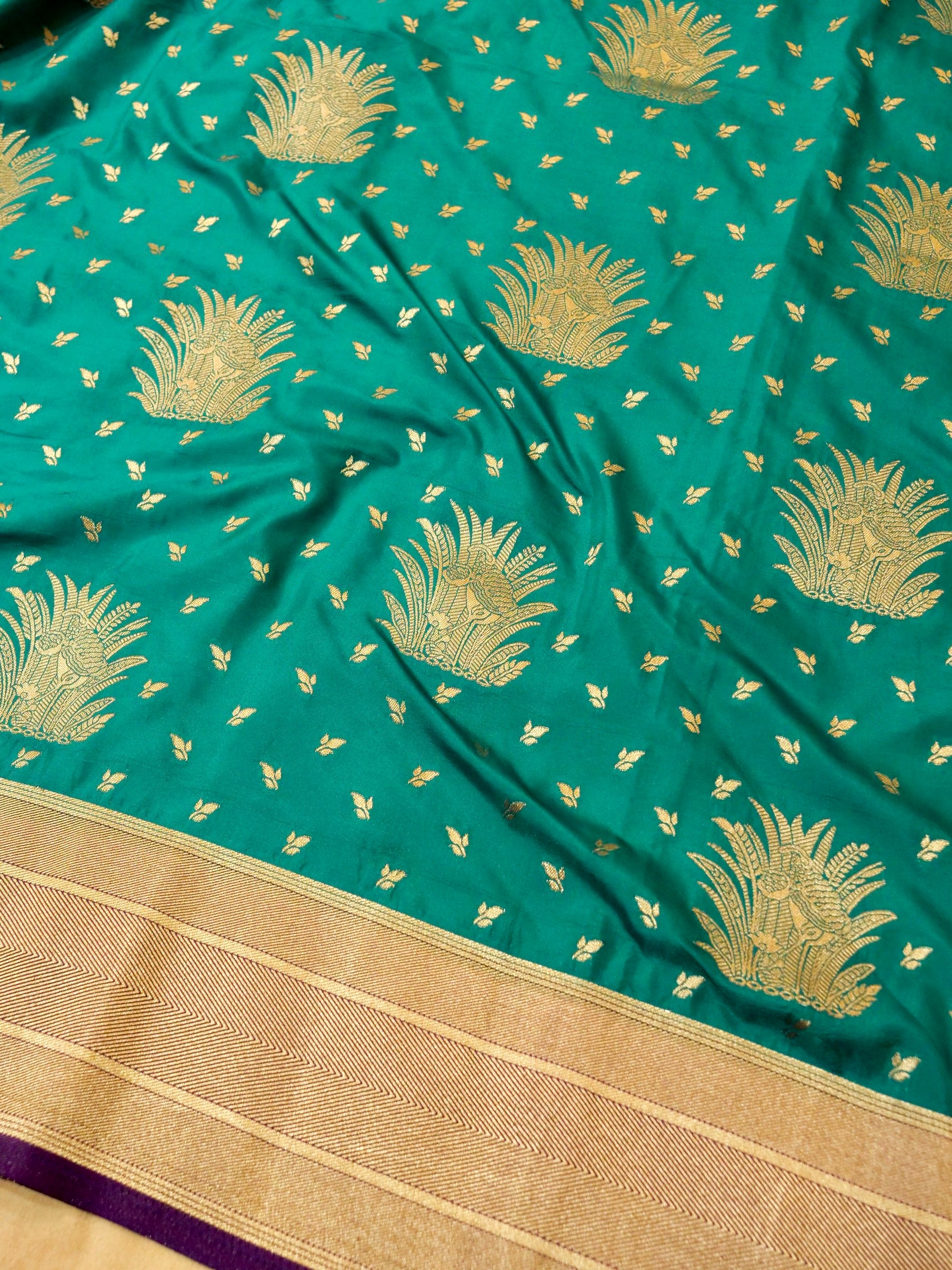 Teal Green Semi Katan Silk Saree with Gold & Purple Border