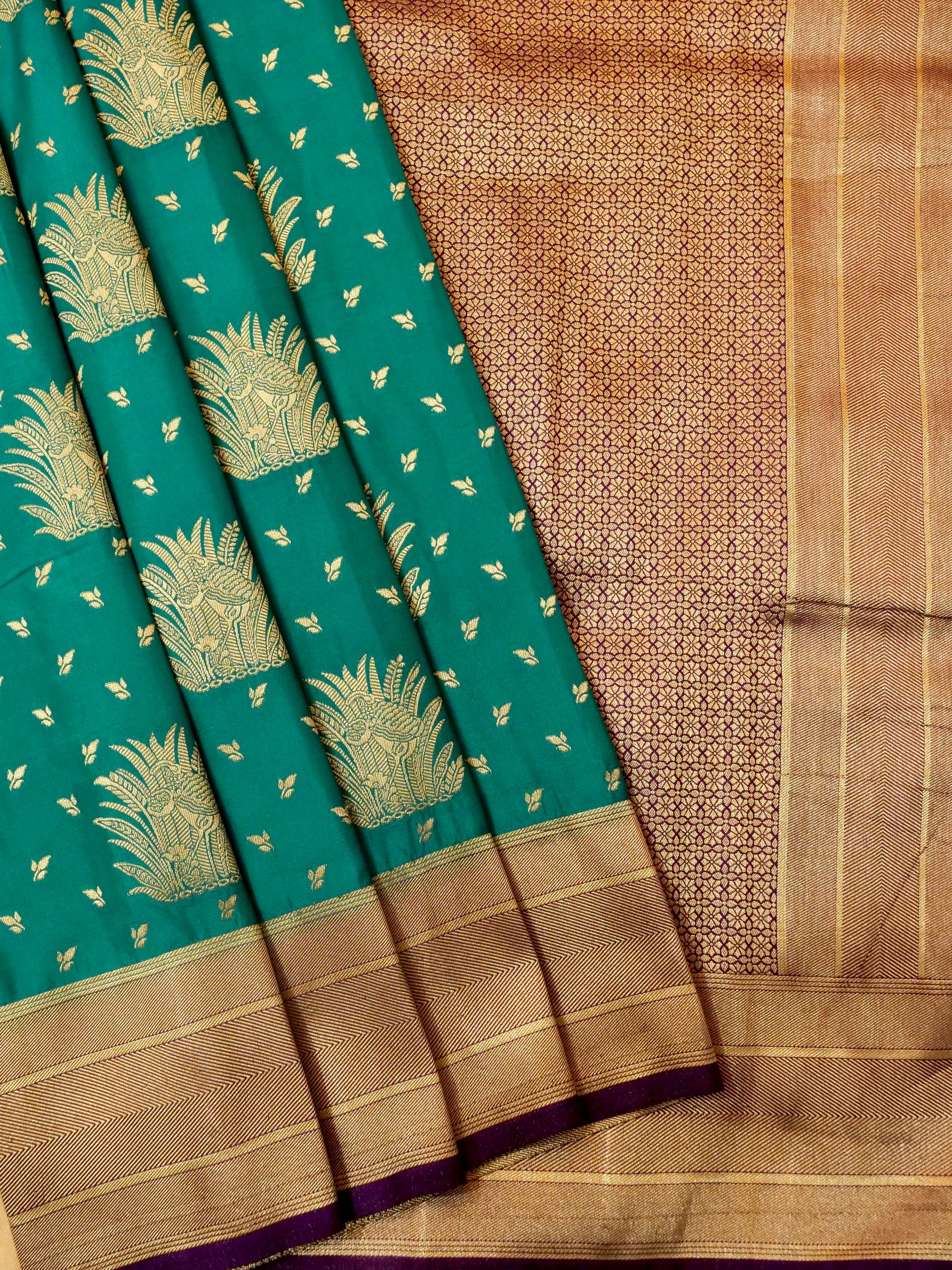 Teal Green Semi Katan Silk Saree with Gold & Purple Border