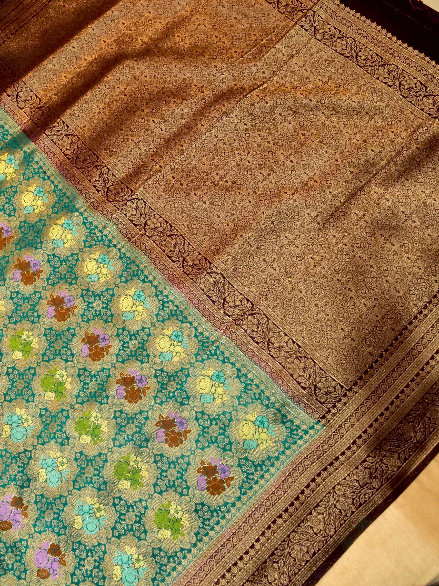 Peacock Teal Semi Tanchoi Saree with Floral Border