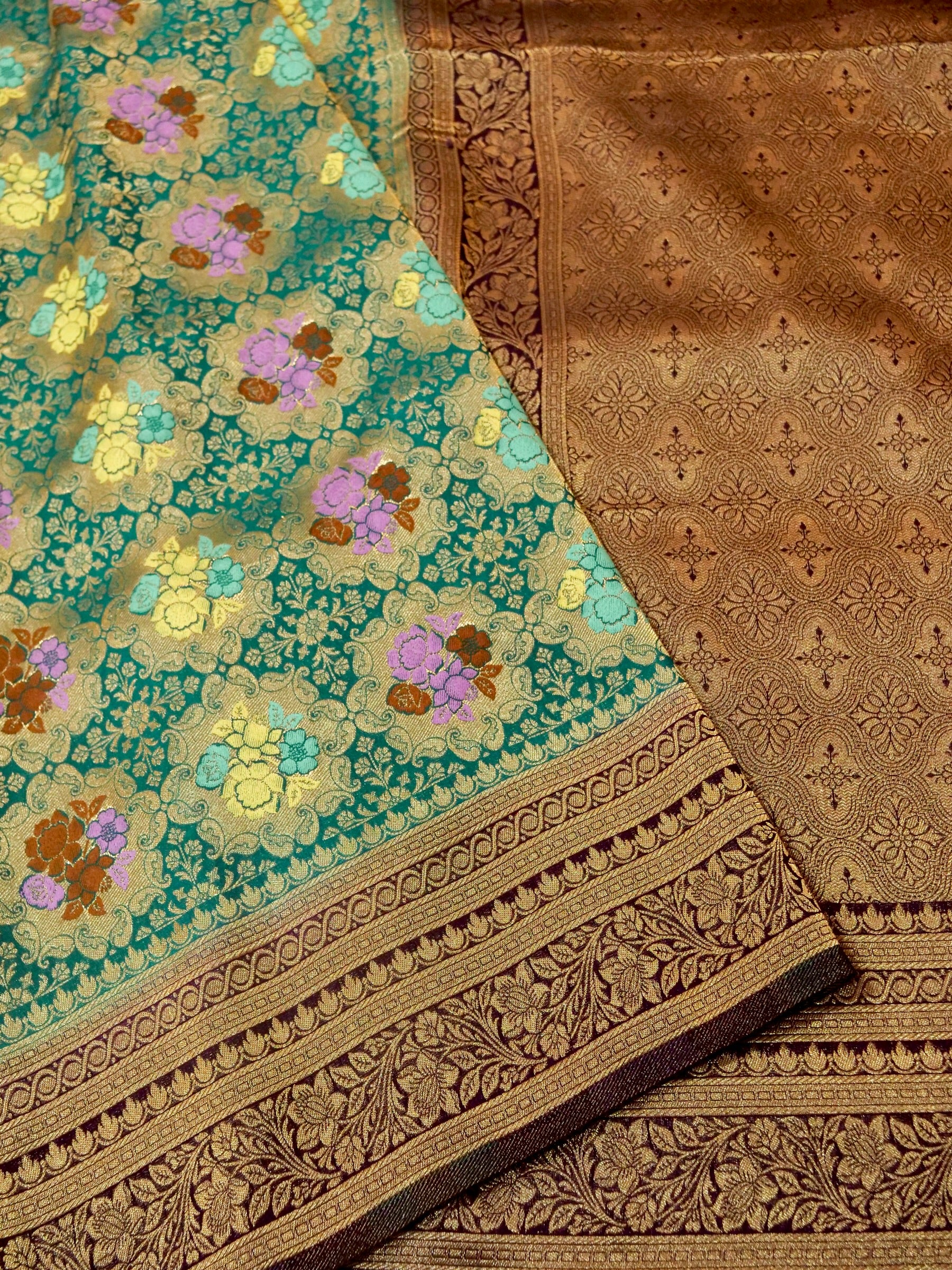 Peacock Teal Semi Tanchoi Saree with Floral Border