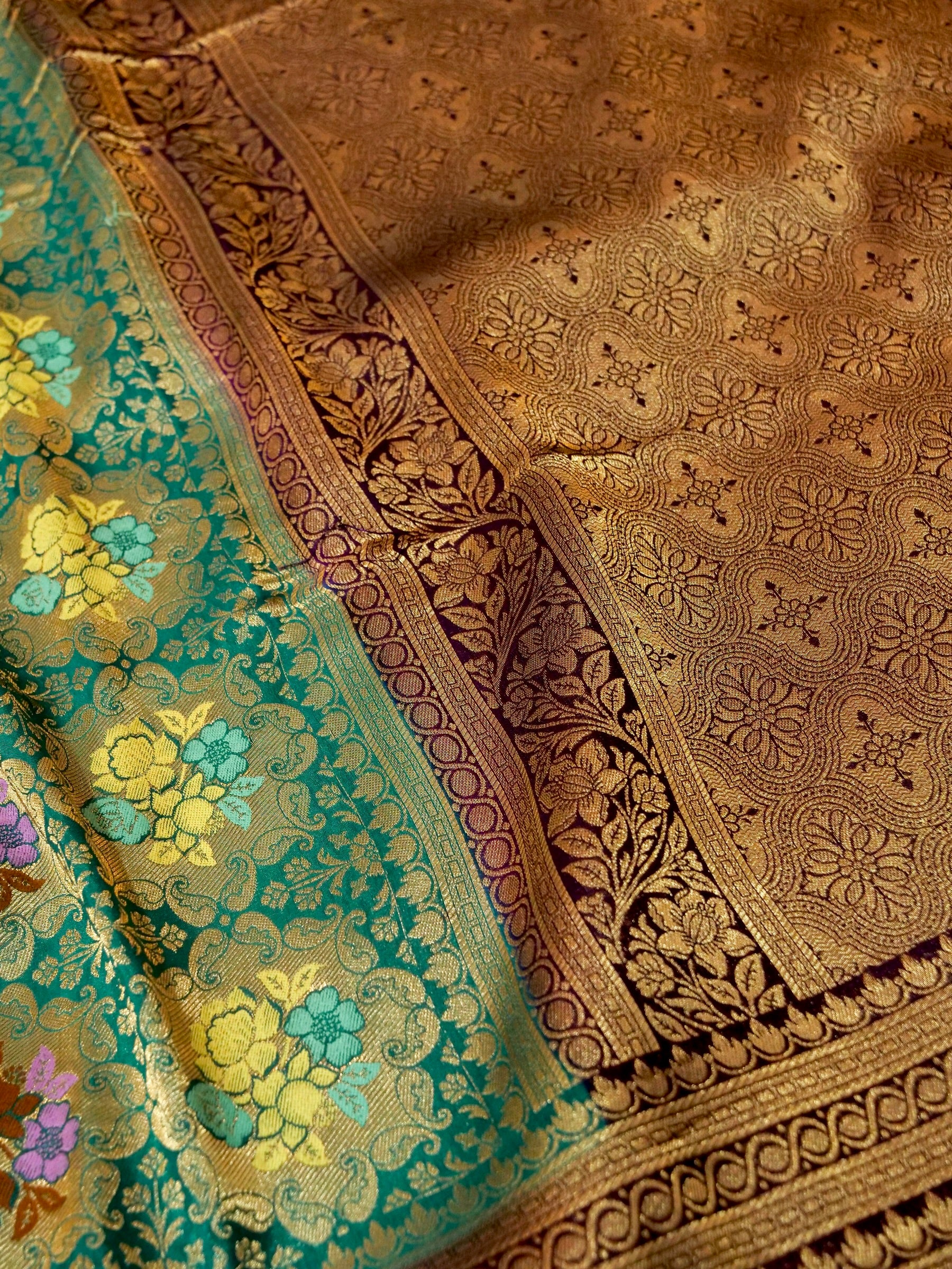 Peacock Teal Semi Tanchoi Saree with Floral Border