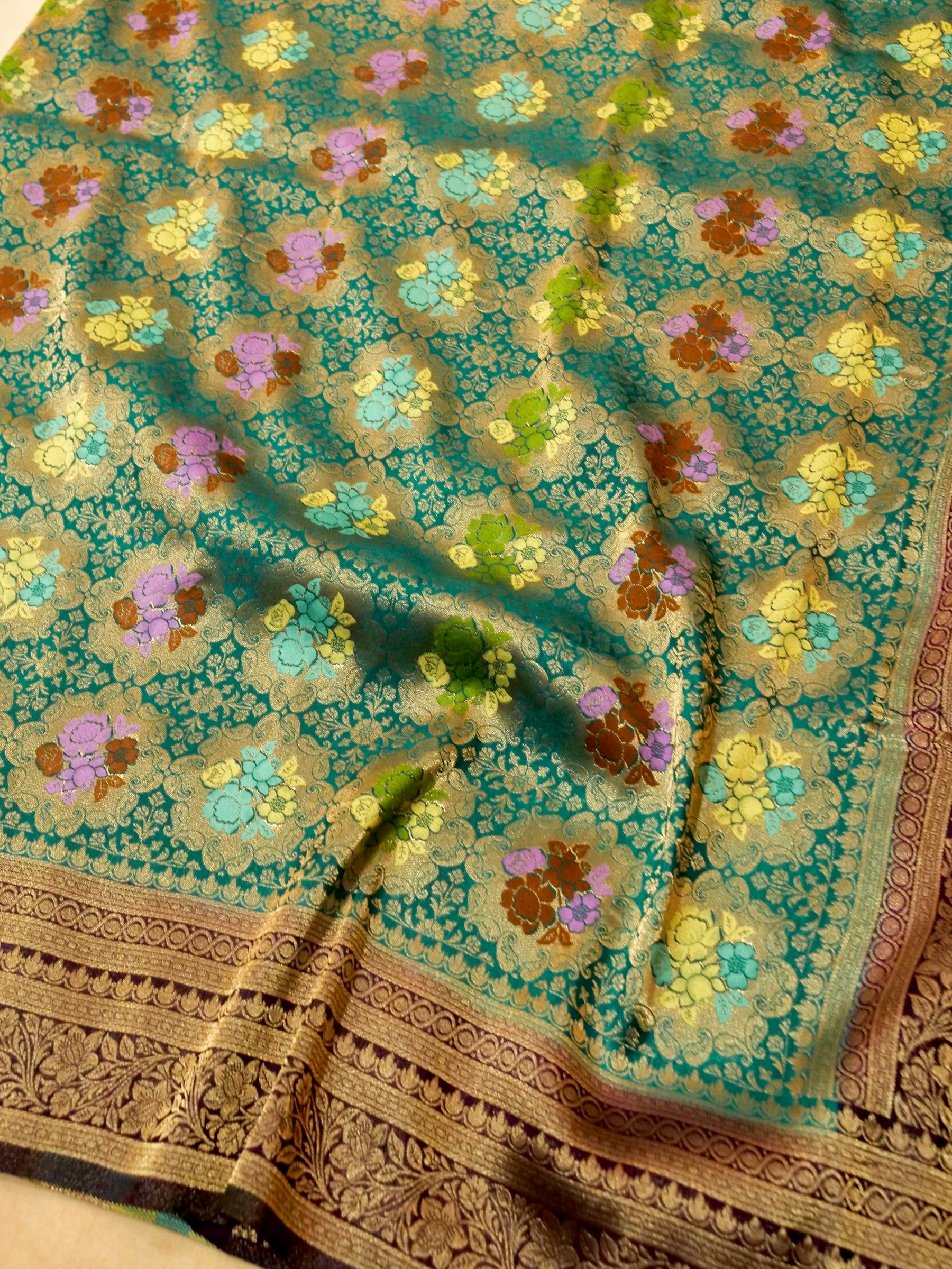 Peacock Teal Semi Tanchoi Saree with Floral Border
