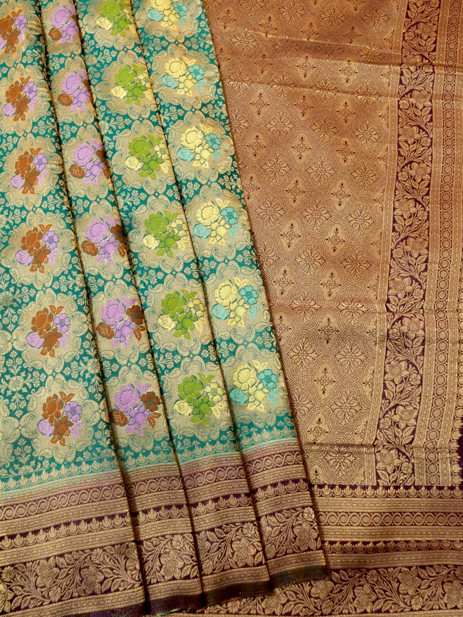 Peacock Teal Semi Tanchoi Saree with Floral Border