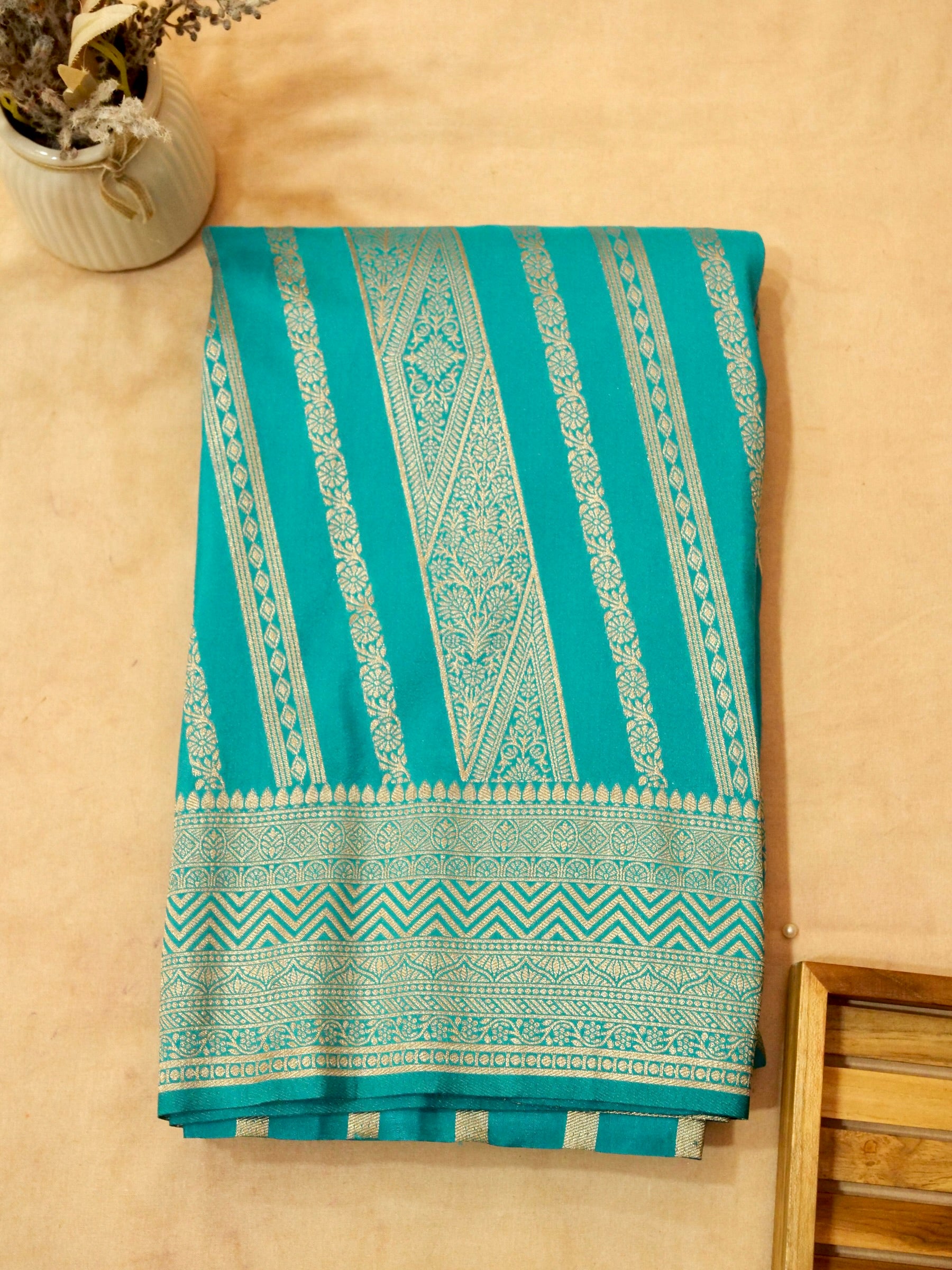 Teal Crepe Georgette Silk Saree with Gold Zari