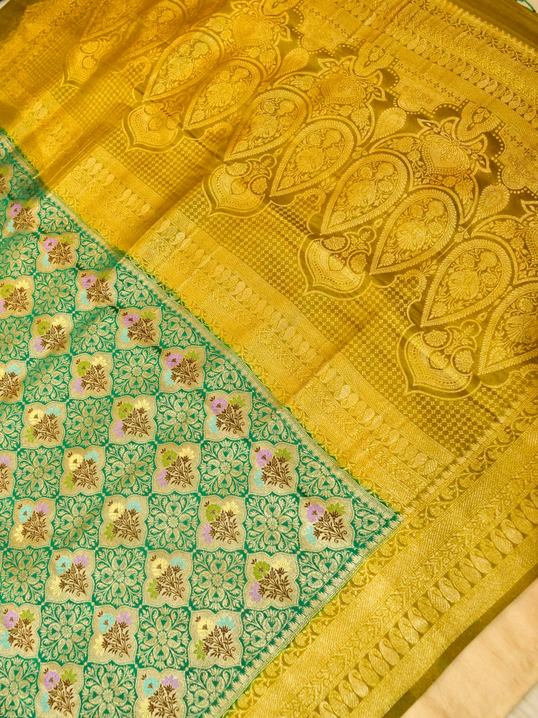 Sea Green Semi Tanchoi Saree with Rich Antique Zari Border