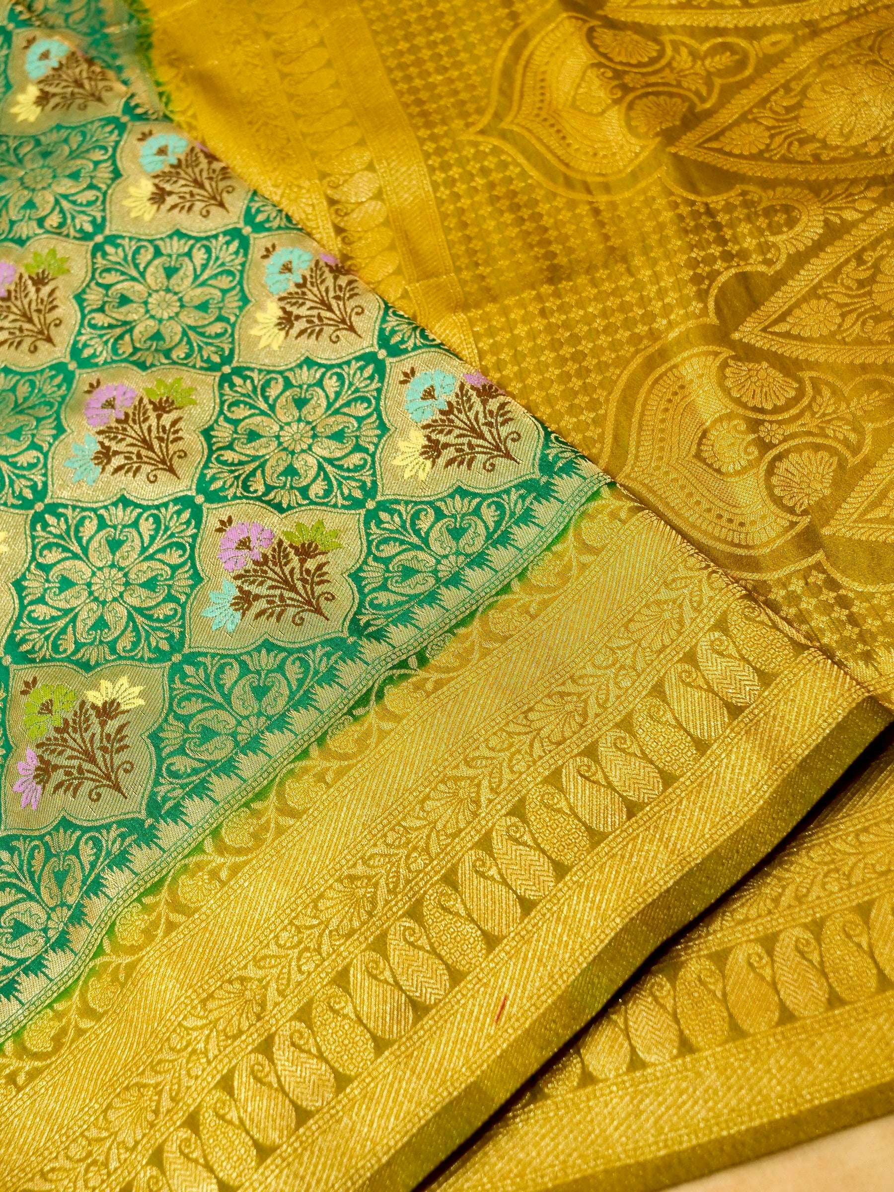 Sea Green Semi Tanchoi Saree with Rich Antique Zari Border